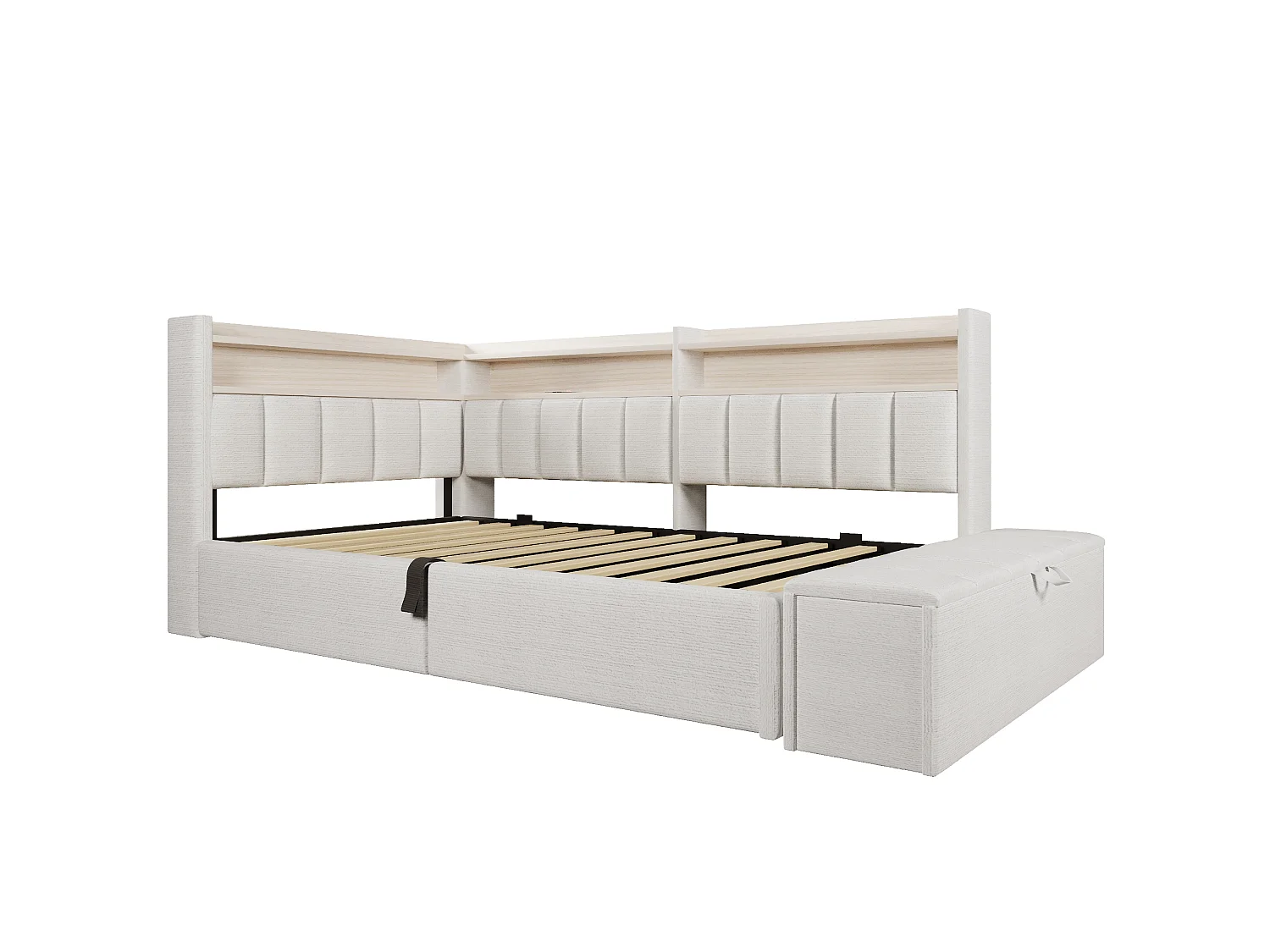 Sovesofa med opbevaringsrum 90 x 200 cm - med stikkontakt - med USB-port + LED-lysstrimmel - beige (madras ikke inkluderet)