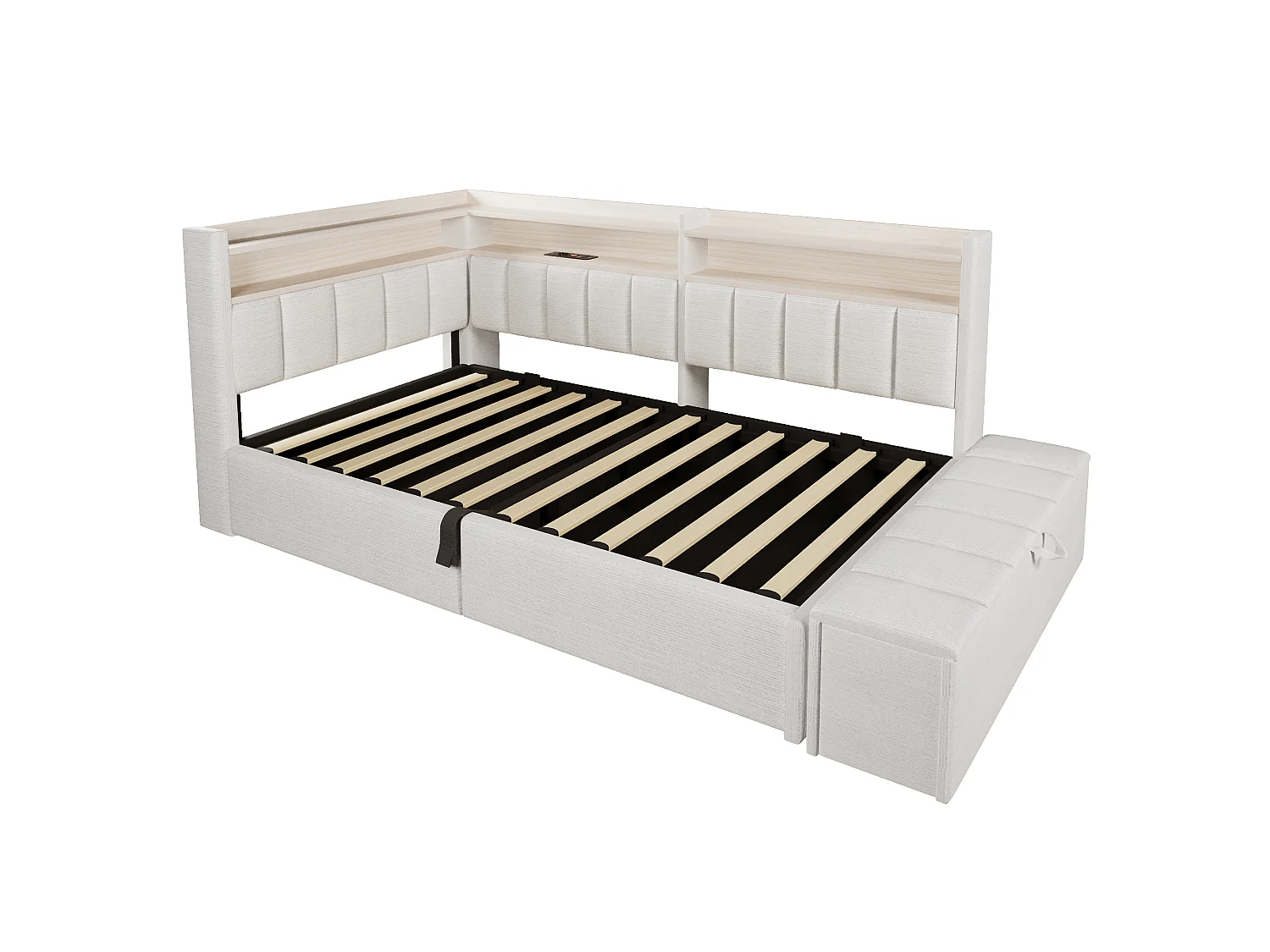 Sovesofa med opbevaringsrum 90 x 200 cm - med stikkontakt - med USB-port + LED-lysstrimmel - beige (madras ikke inkluderet)