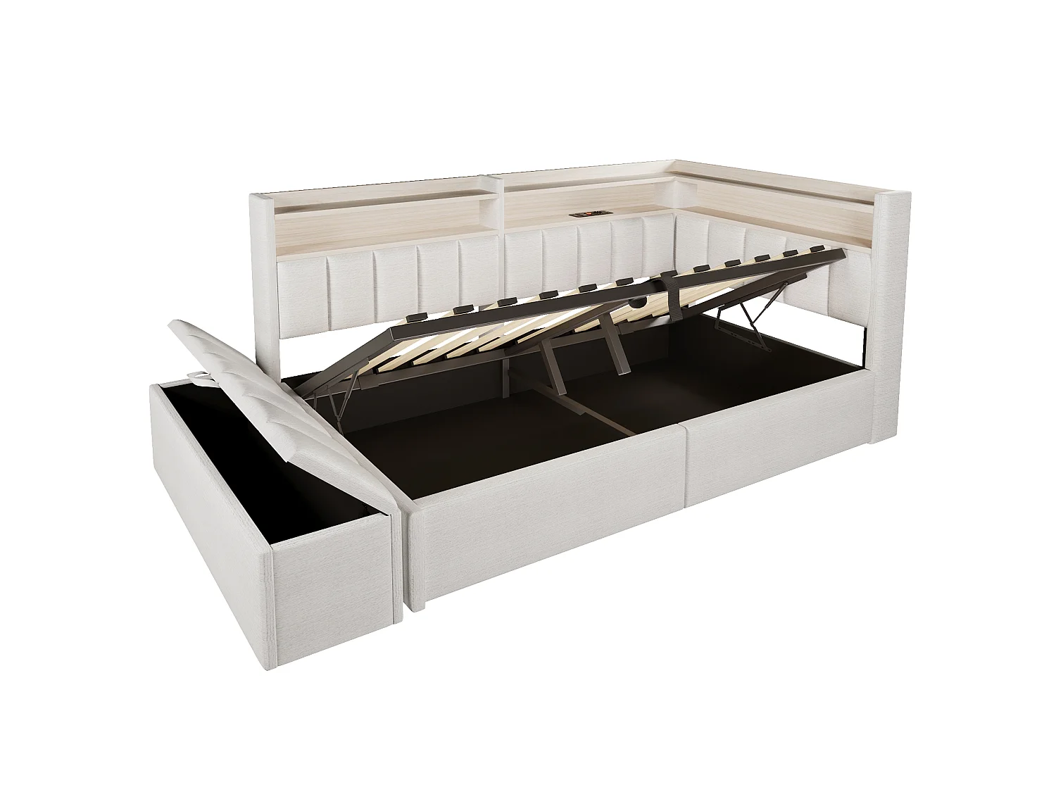 Sovesofa med opbevaringsrum 90 x 200 cm - med stikkontakt - med USB-port + LED-lysstrimmel - beige (madras ikke inkluderet)