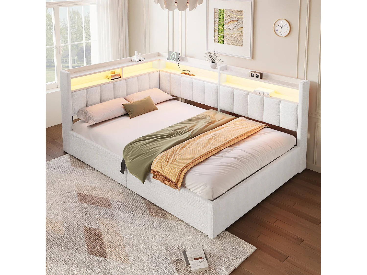 Sovesofa med opbevaringsrum 140 x 200 cm – med LED-belysning og USB-port – Velour – beige (madras ikke inkluderet)