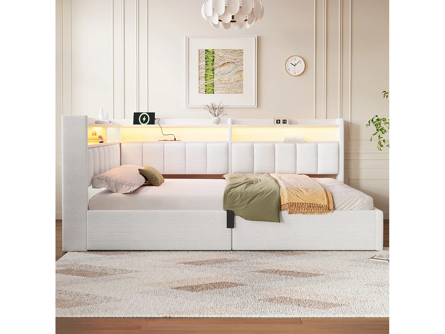 Sovesofa med opbevaringsrum 140 x 200 cm – med LED-belysning og USB-port – Velour – beige (madras ikke inkluderet)