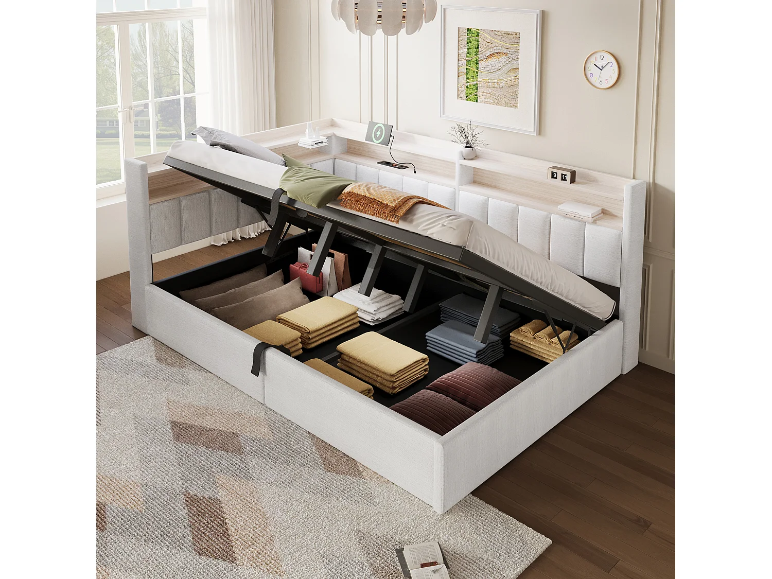 Sovesofa med opbevaringsrum 140 x 200 cm – med LED-belysning og USB-port – Velour – beige (madras ikke inkluderet)