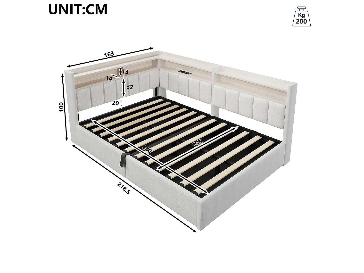 Sovesofa med opbevaringsrum 140 x 200 cm – med LED-belysning og USB-port – Velour – beige (madras ikke inkluderet)