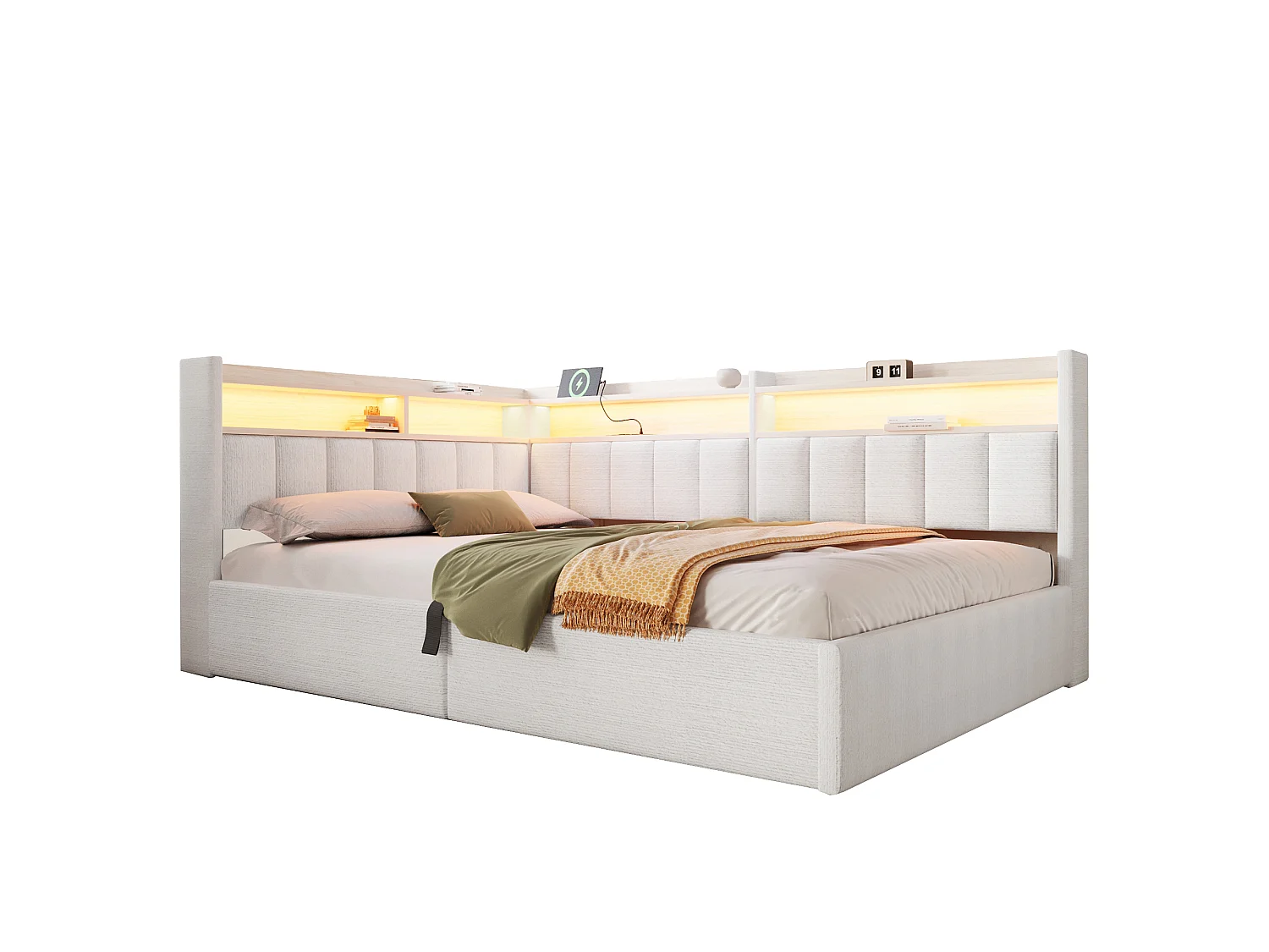 Sovesofa med opbevaringsrum 140 x 200 cm – med LED-belysning og USB-port – Velour – beige (madras ikke inkluderet)