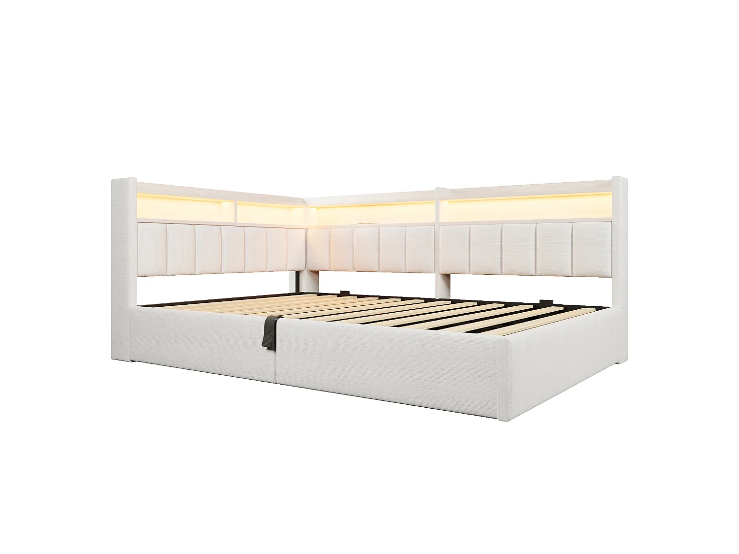 Sovesofa med opbevaringsrum 140 x 200 cm – med LED-belysning og USB-port – Velour – beige (madras ikke inkluderet)