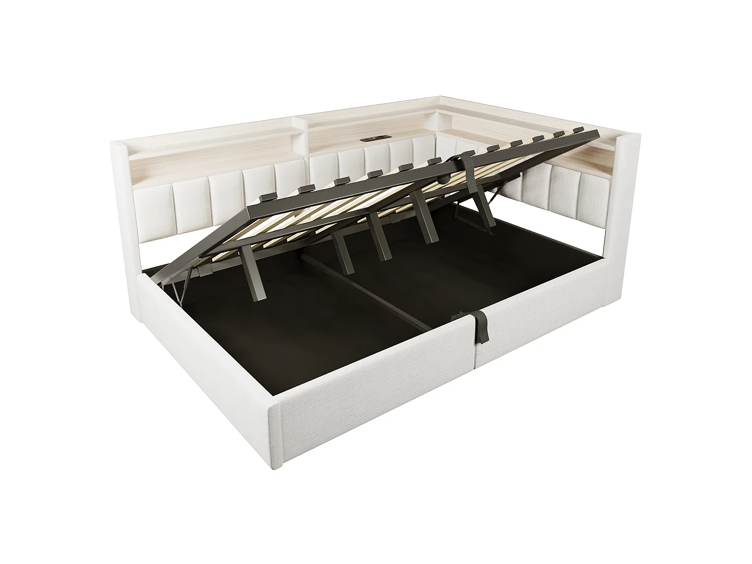 Sovesofa med opbevaringsrum 140 x 200 cm – med LED-belysning og USB-port – Velour – beige (madras ikke inkluderet)