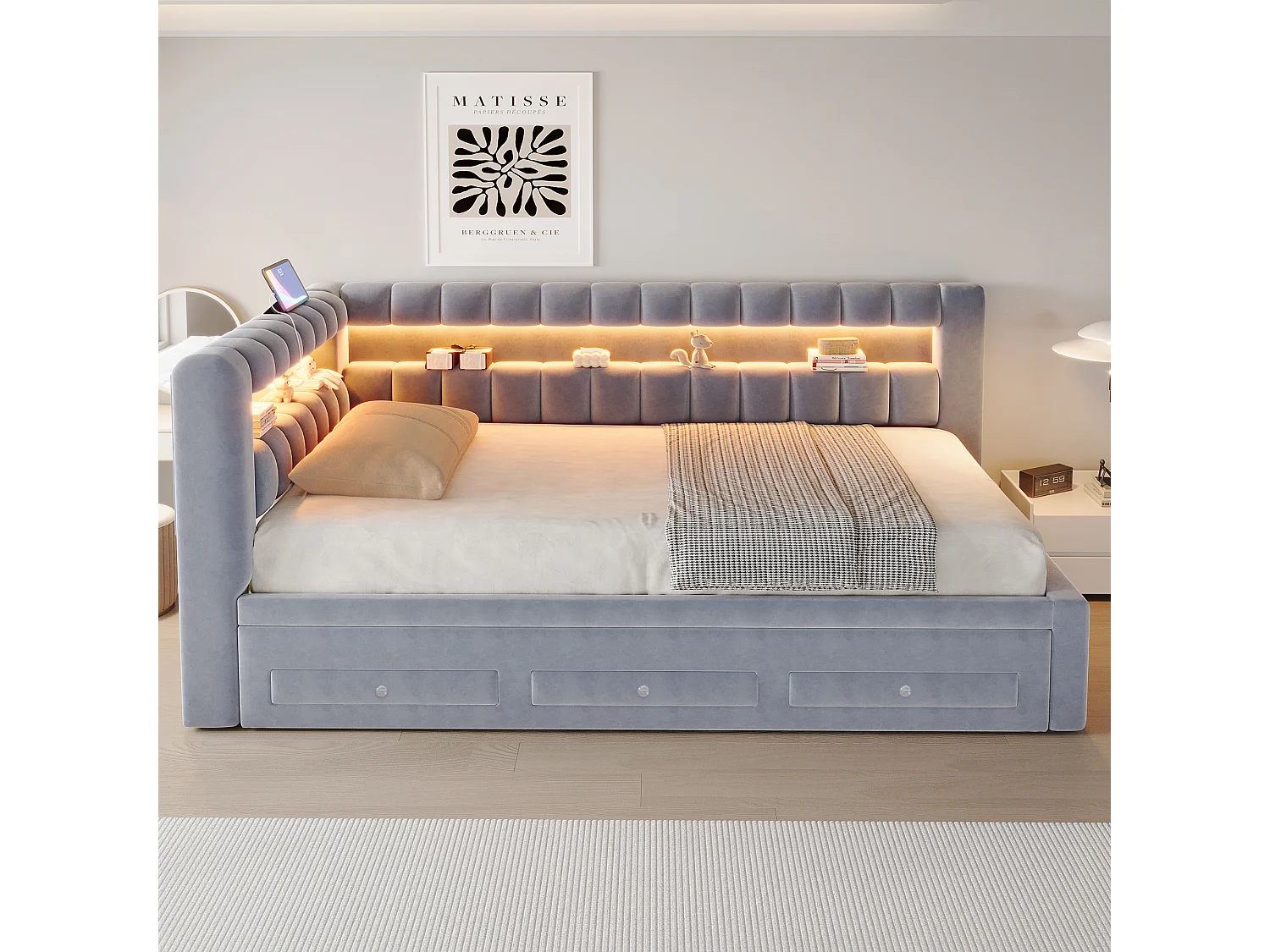 Sofa bed 90 x 190 cm – with pull-out bed – with 3 drawers – with LED lighting – with USB charging port – Dark gray (mattress not included)