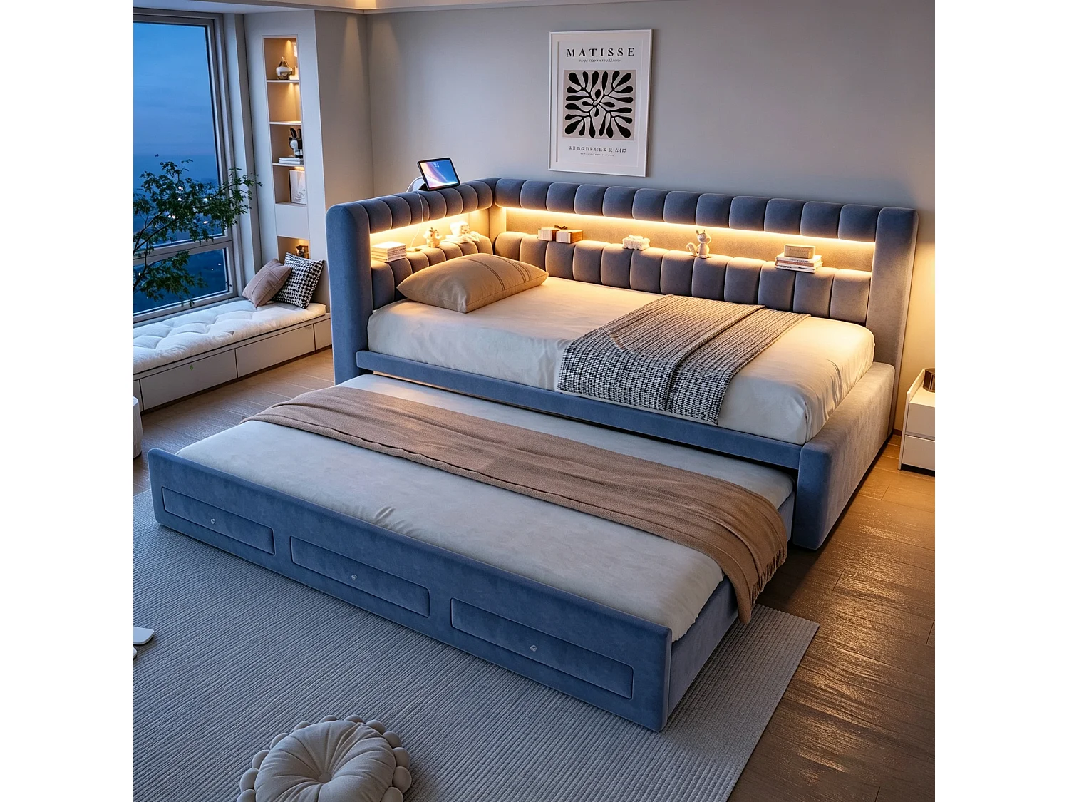 Sofa bed 90 x 190 cm – with pull-out bed – with 3 drawers – with LED lighting – with USB charging port – Dark gray (mattress not included)