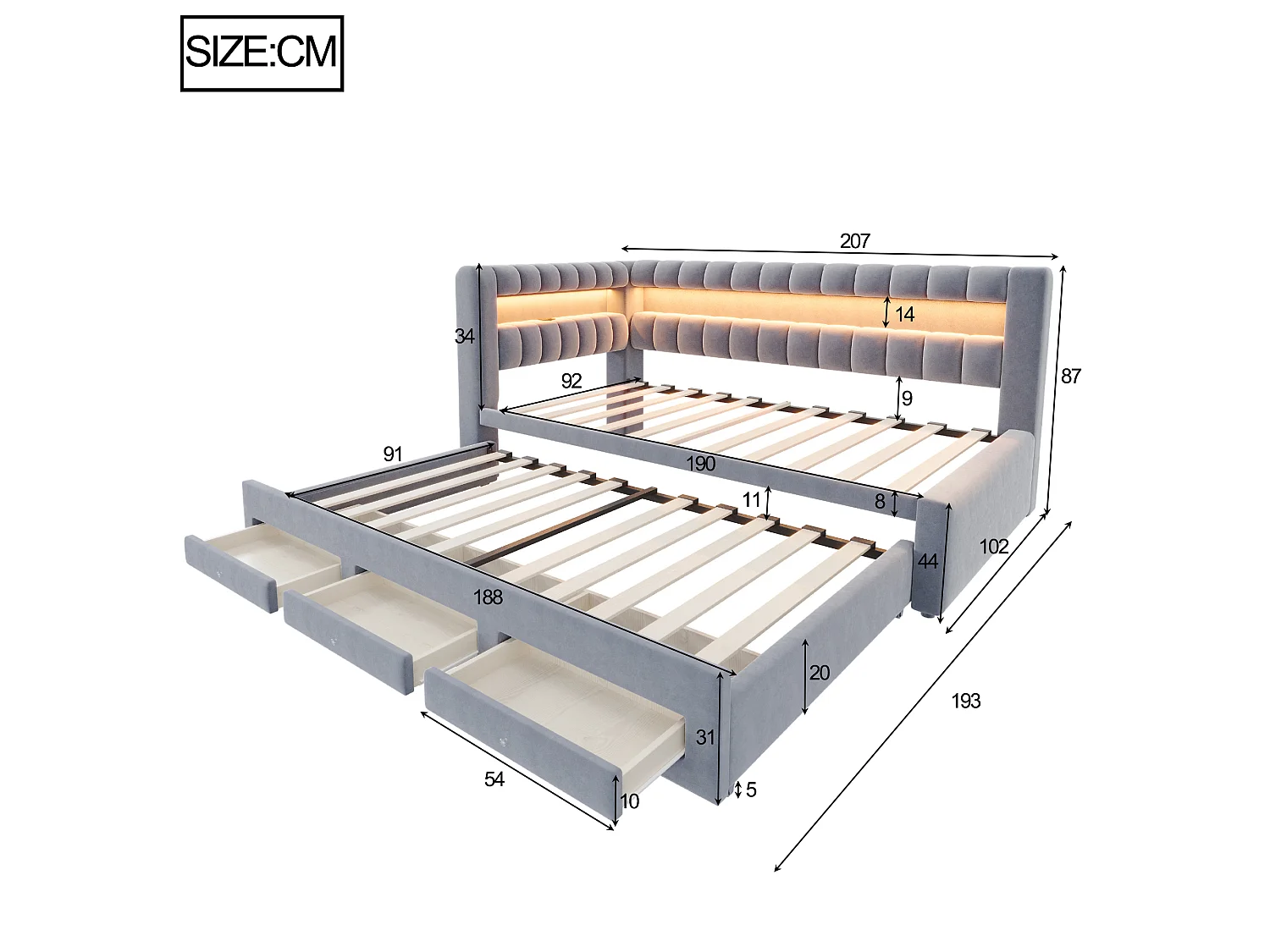 Sofa bed 90 x 190 cm – with pull-out bed – with 3 drawers – with LED lighting – with USB charging port – Dark gray (mattress not included)