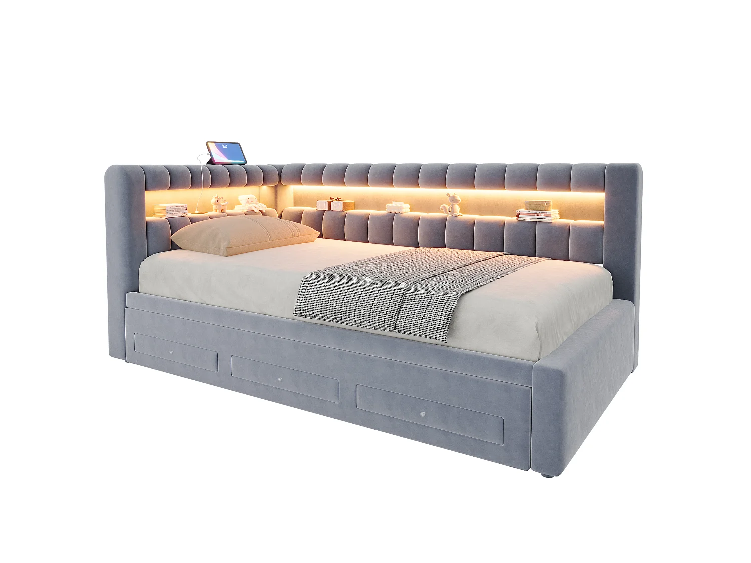 Sofa bed 90 x 190 cm – with pull-out bed – with 3 drawers – with LED lighting – with USB charging port – Dark gray (mattress not included)