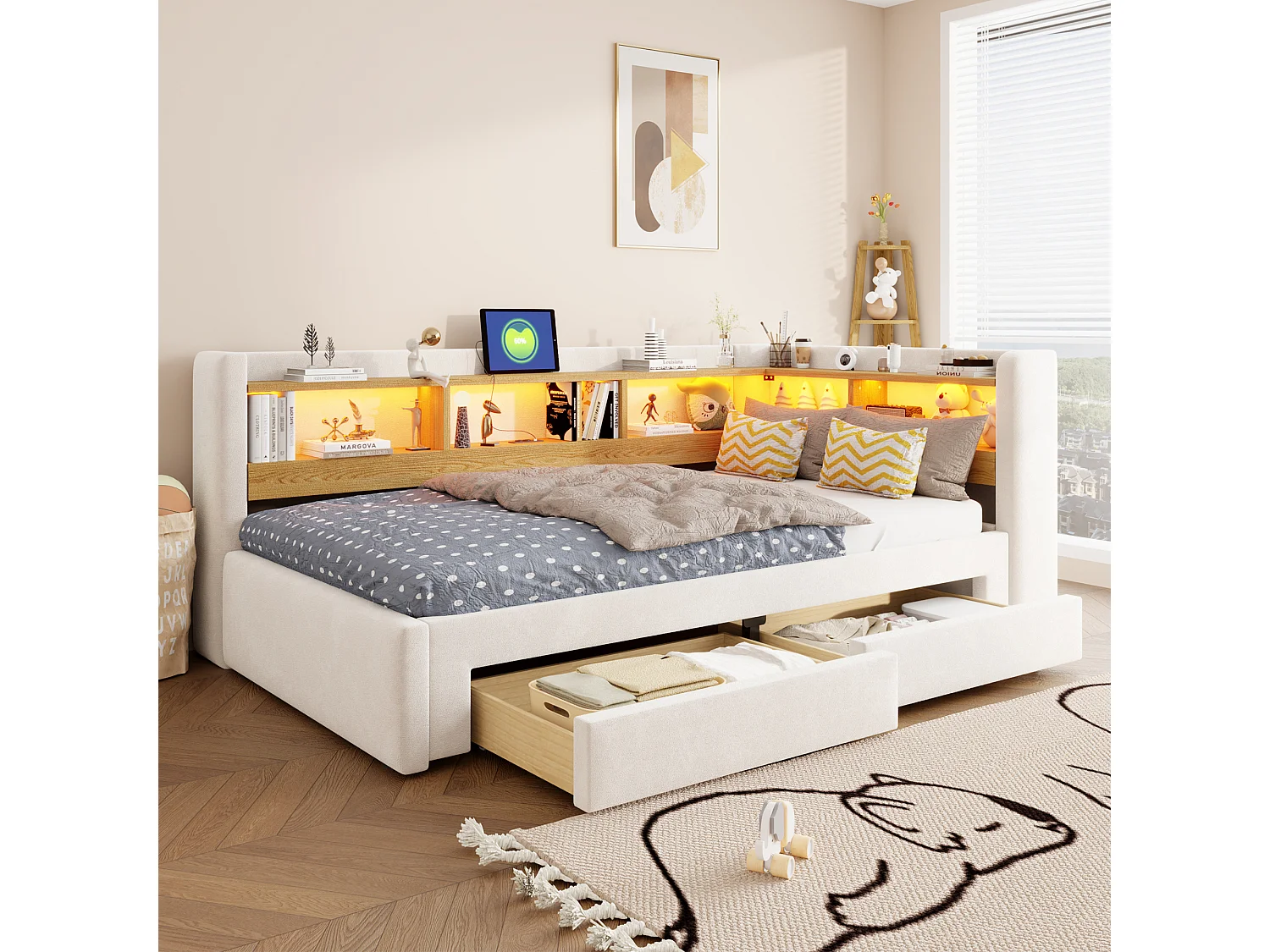 Sofá-cama 90x200 cm – com cama extraível – com 2 gavetas – com iluminação LED – com tomada elétrica – Bege (colchão não incluído)