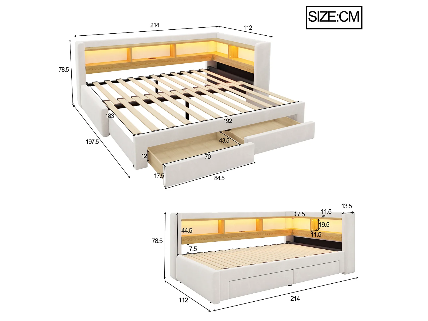 Sofá-cama 90x200 cm – com cama extraível – com 2 gavetas – com iluminação LED – com tomada elétrica – Bege (colchão não incluído)