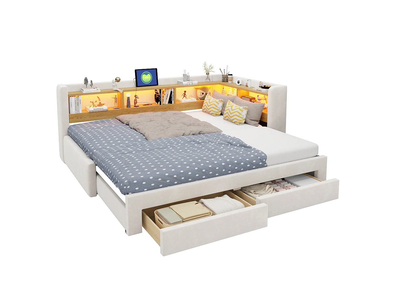 Sofá-cama 90x200 cm – com cama extraível – com 2 gavetas – com iluminação LED – com tomada elétrica – Bege (colchão não incluído)