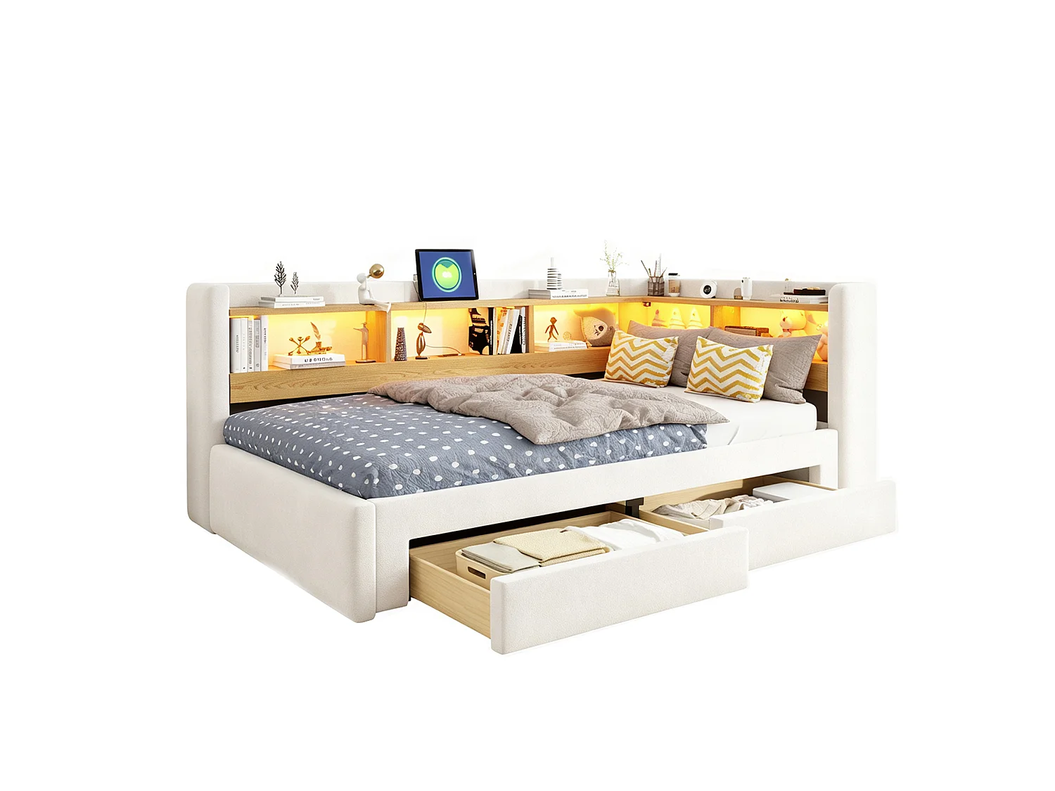 Sofá-cama 90x200 cm – com cama extraível – com 2 gavetas – com iluminação LED – com tomada elétrica – Bege (colchão não incluído)