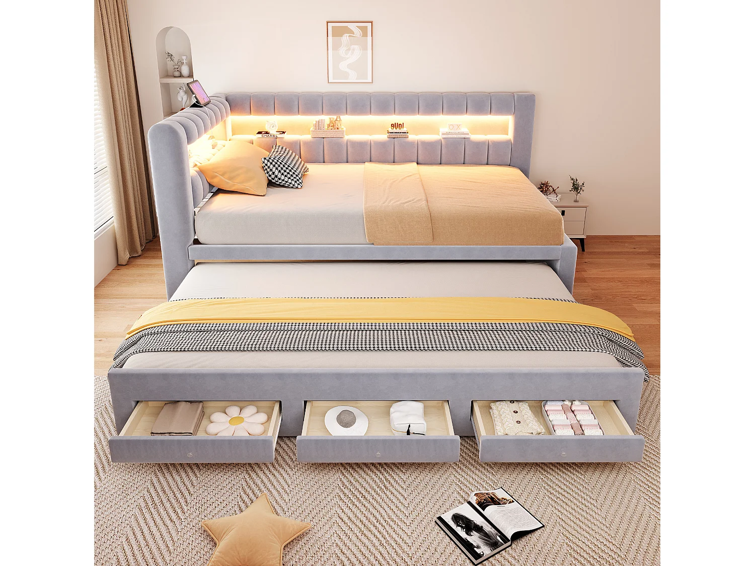 Sofa bed 90 x 190 cm – with pull-out bed – with 3 drawers – with LED lighting – with USB charging port – Light gray (mattress not included)
