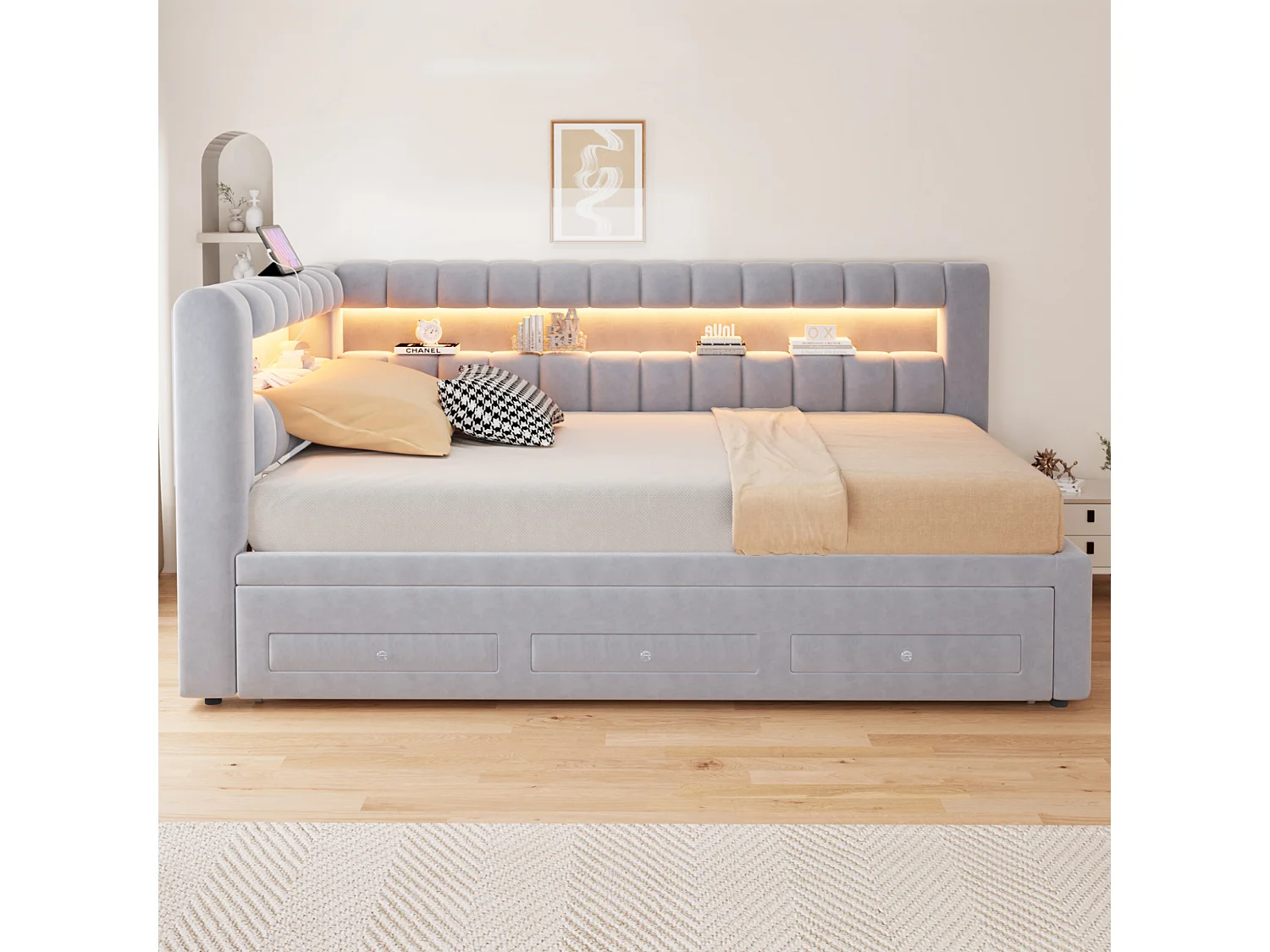 Sofa bed 90 x 190 cm – with pull-out bed – with 3 drawers – with LED lighting – with USB charging port – Light gray (mattress not included)
