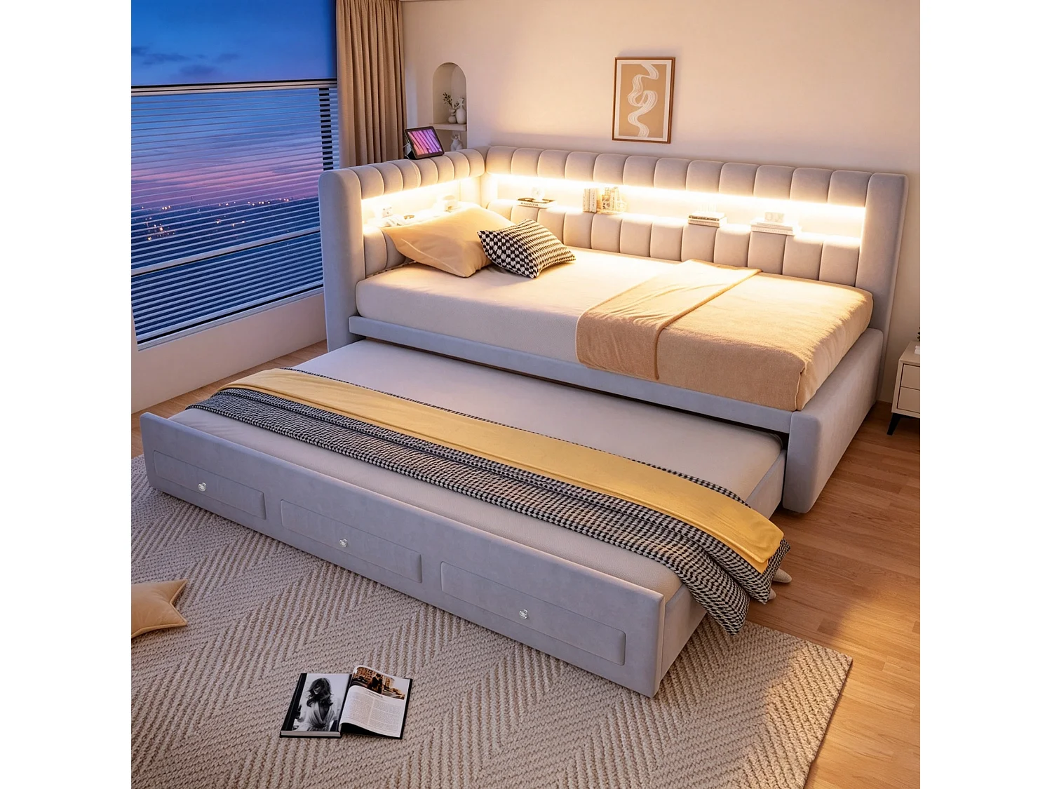 Sofa bed 90 x 190 cm – with pull-out bed – with 3 drawers – with LED lighting – with USB charging port – Light gray (mattress not included)