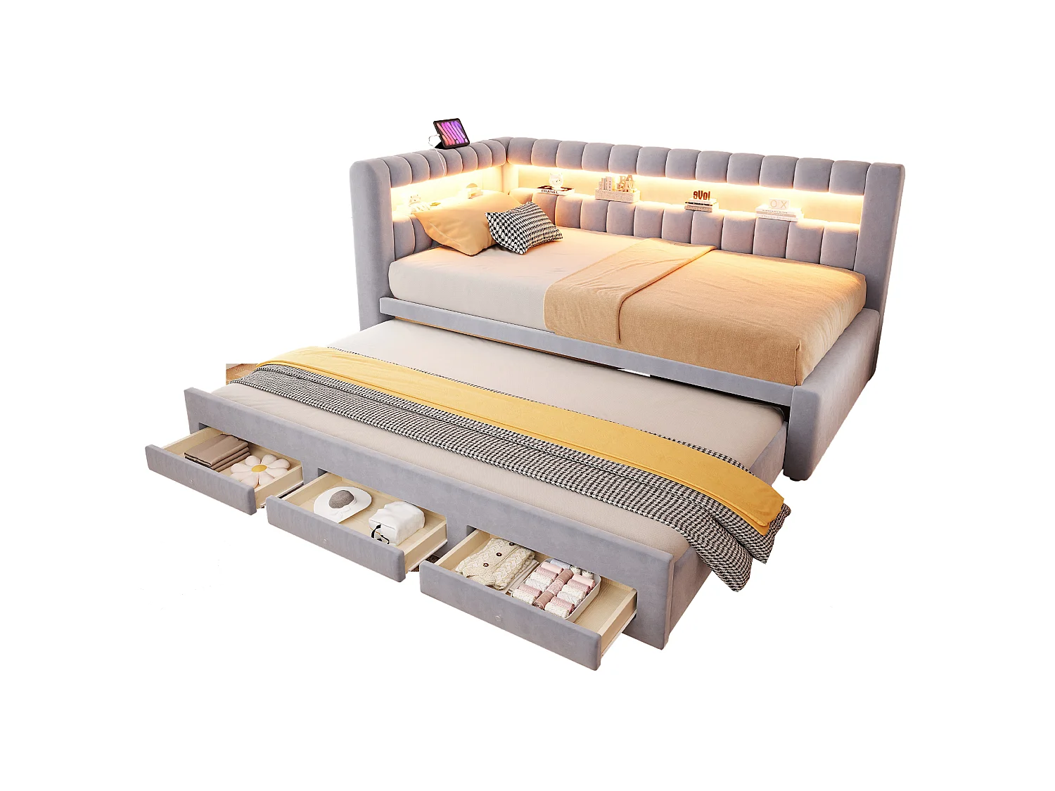 Sofa bed 90 x 190 cm – with pull-out bed – with 3 drawers – with LED lighting – with USB charging port – Light gray (mattress not included)