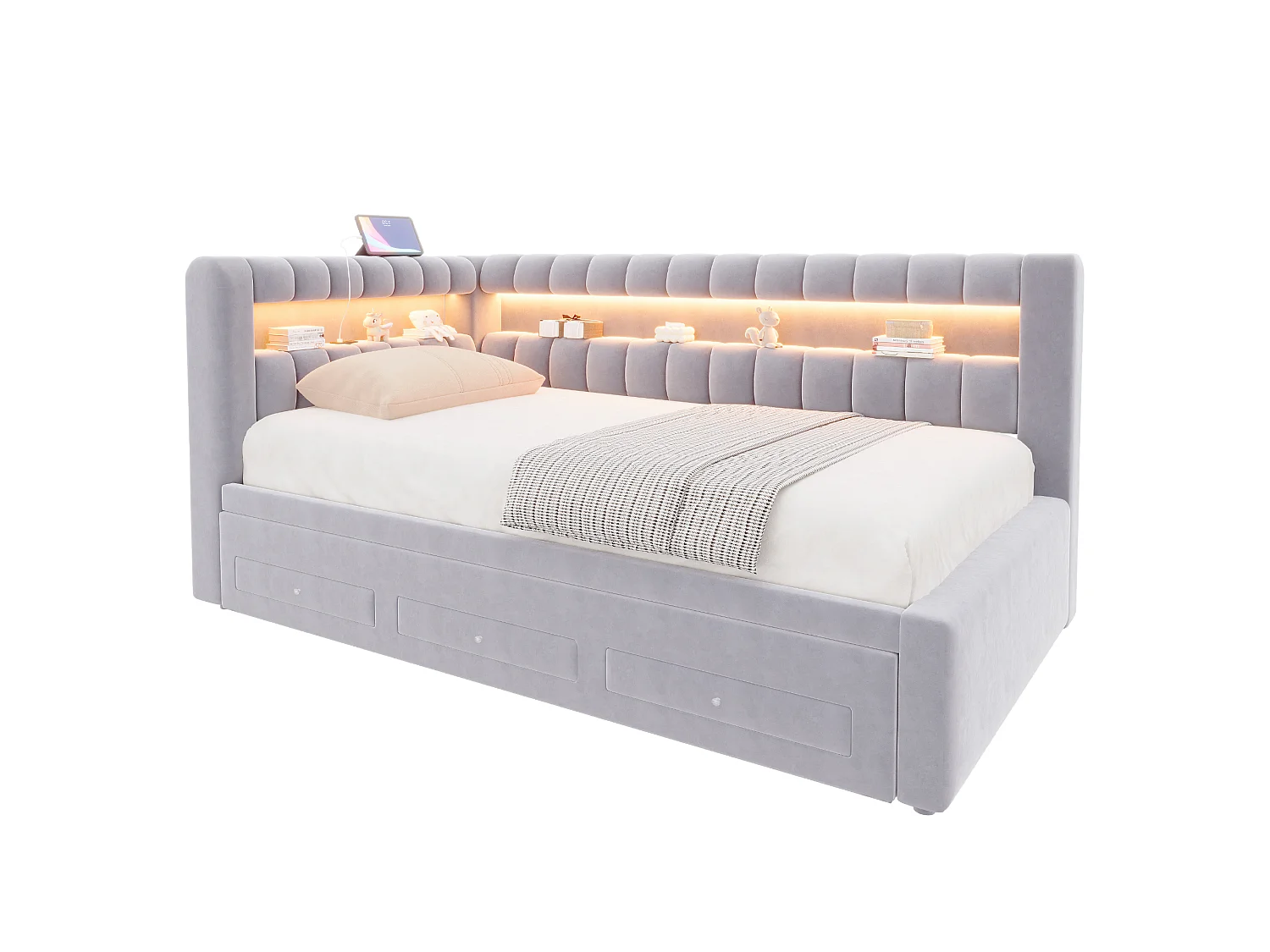 Sofa bed 90 x 190 cm – with pull-out bed – with 3 drawers – with LED lighting – with USB charging port – Light gray (mattress not included)