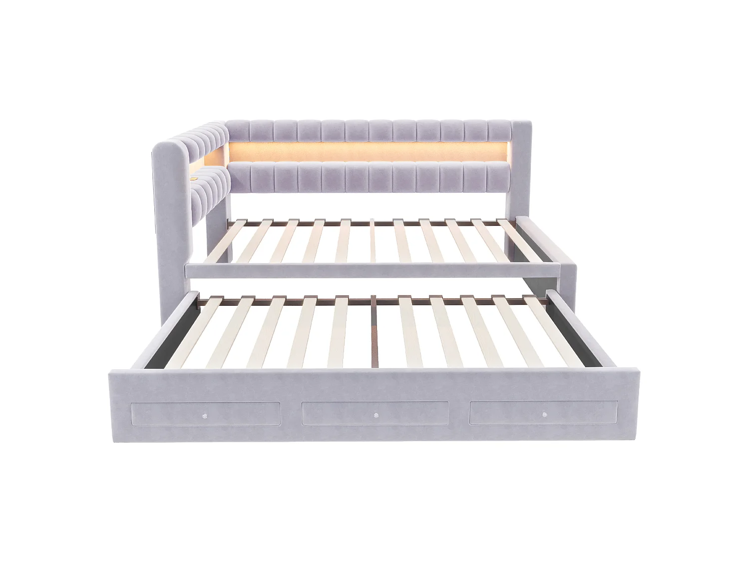 Sofa bed 90 x 190 cm – with pull-out bed – with 3 drawers – with LED lighting – with USB charging port – Light gray (mattress not included)