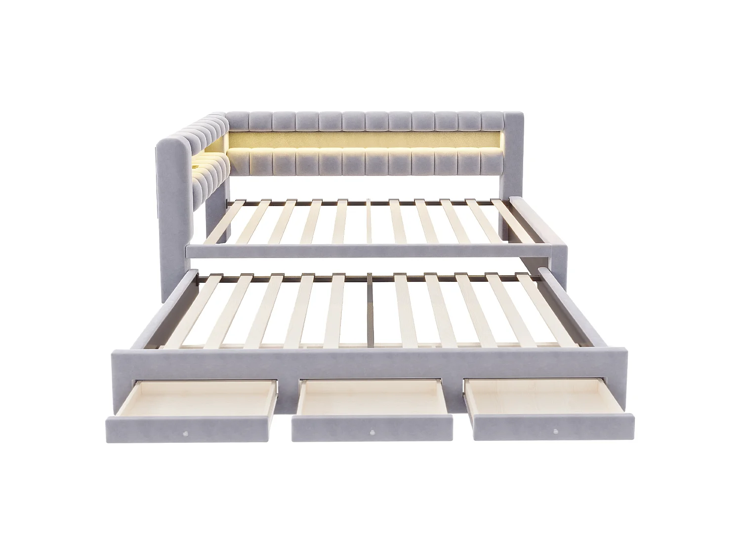 Sofa bed 90 x 190 cm – with pull-out bed – with 3 drawers – with LED lighting – with USB charging port – Light gray (mattress not included)