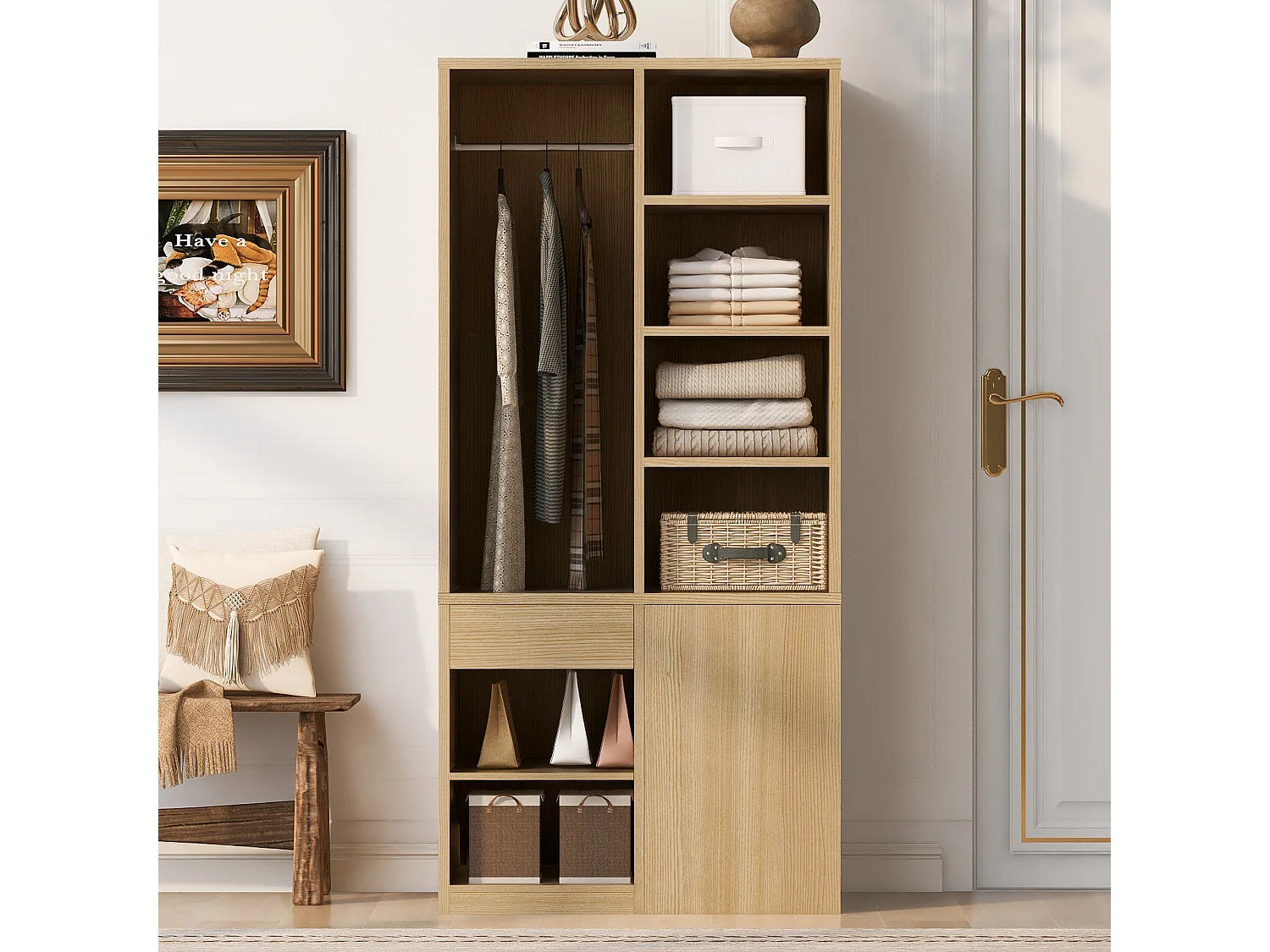Wardrobe 70×50×170 cm - with 4 drawers - with multi-level shelves - natural