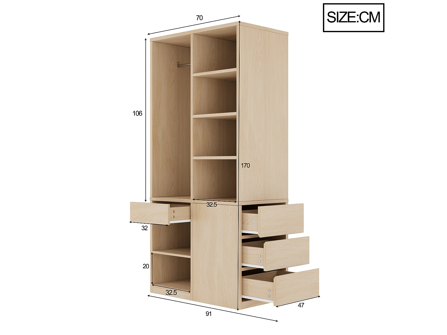 Wardrobe 70×50×170 cm - with 4 drawers - with multi-level shelves - natural