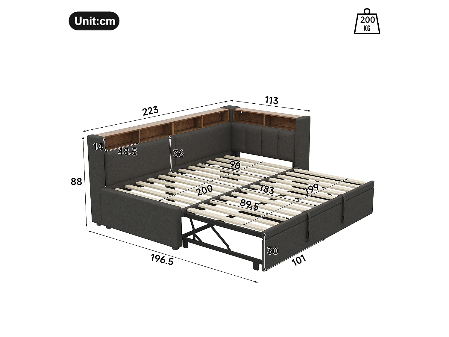 Sofa bed 90 x 200 cm / 180 x 200 cm – With pull-out bed – With LED lighting – Linen upholstery – Gray (mattress not included)