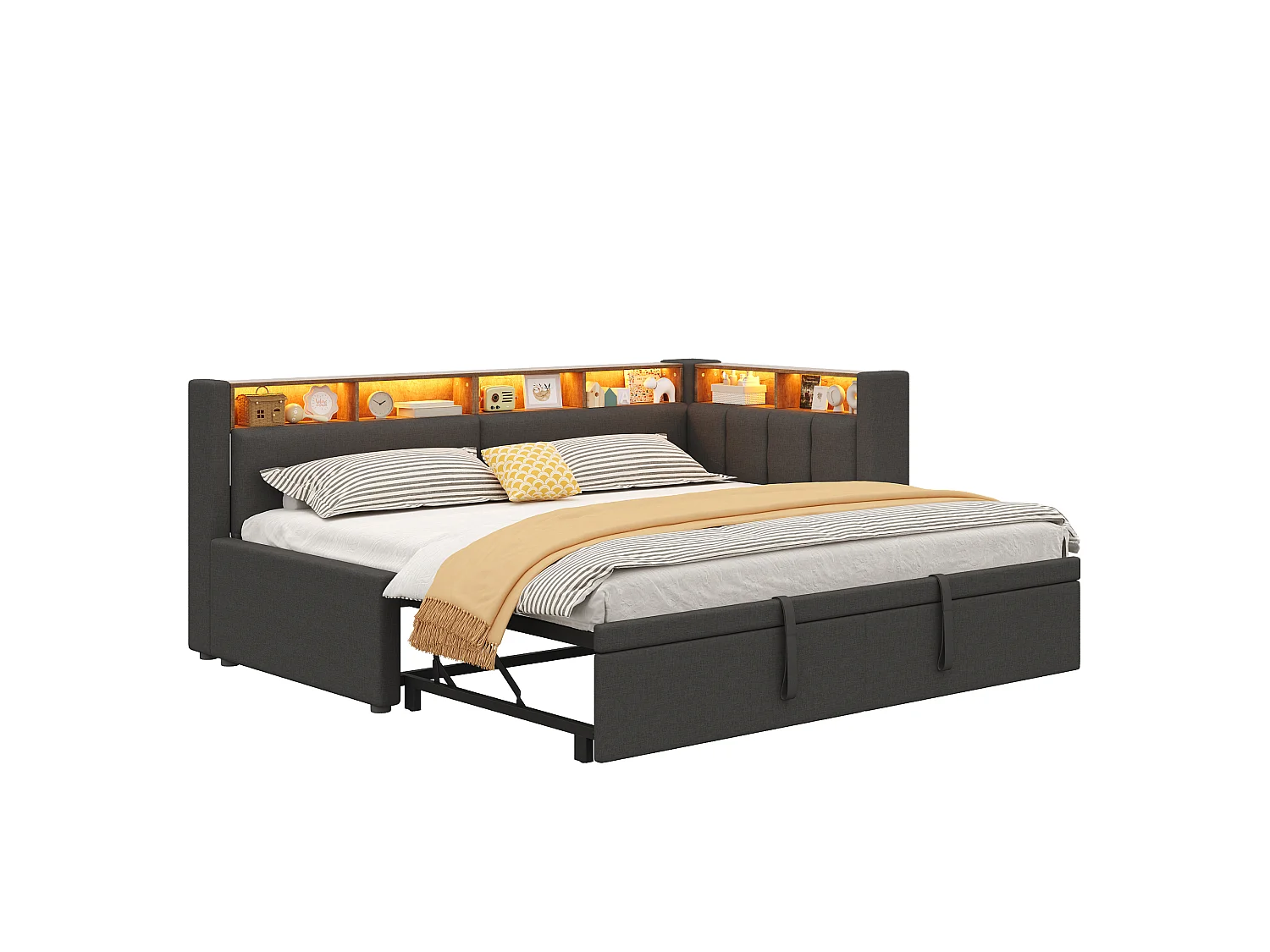 Sofa bed 90 x 200 cm / 180 x 200 cm – With pull-out bed – With LED lighting – Linen upholstery – Gray (mattress not included)
