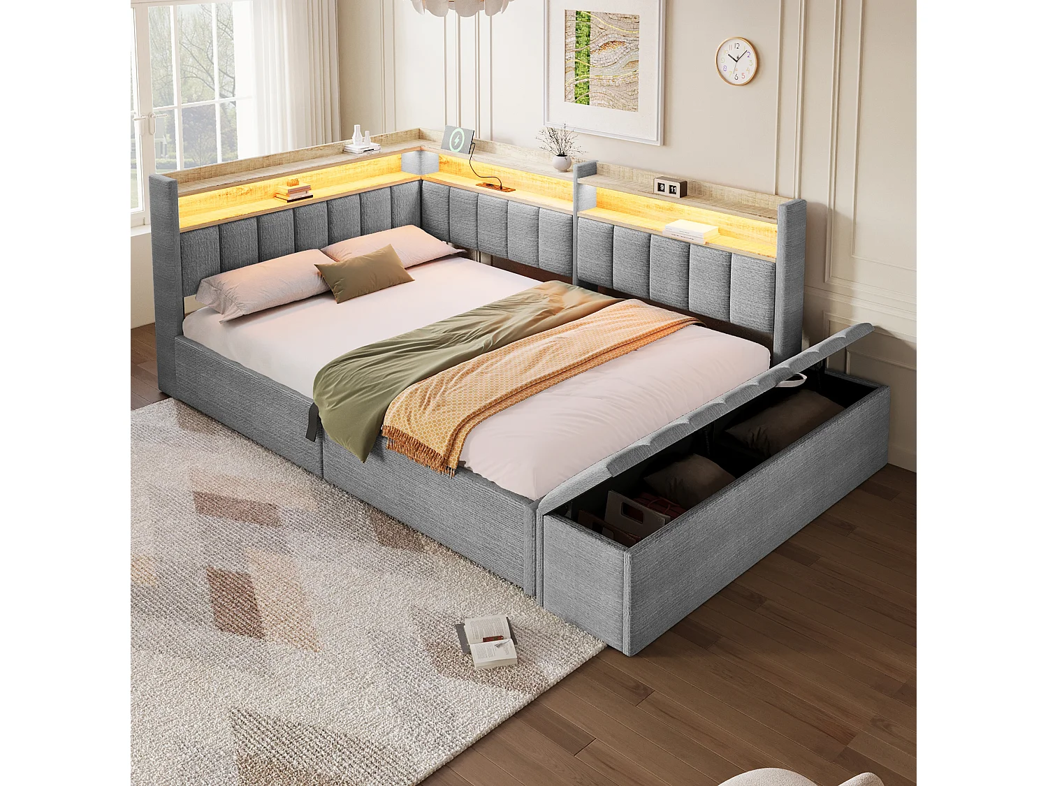 Sovesofa med opbevaringsrum 140 x 200 cm - med stikkontakt - med USB-port + LED-lysbånd - grå (madras ikke inkluderet)