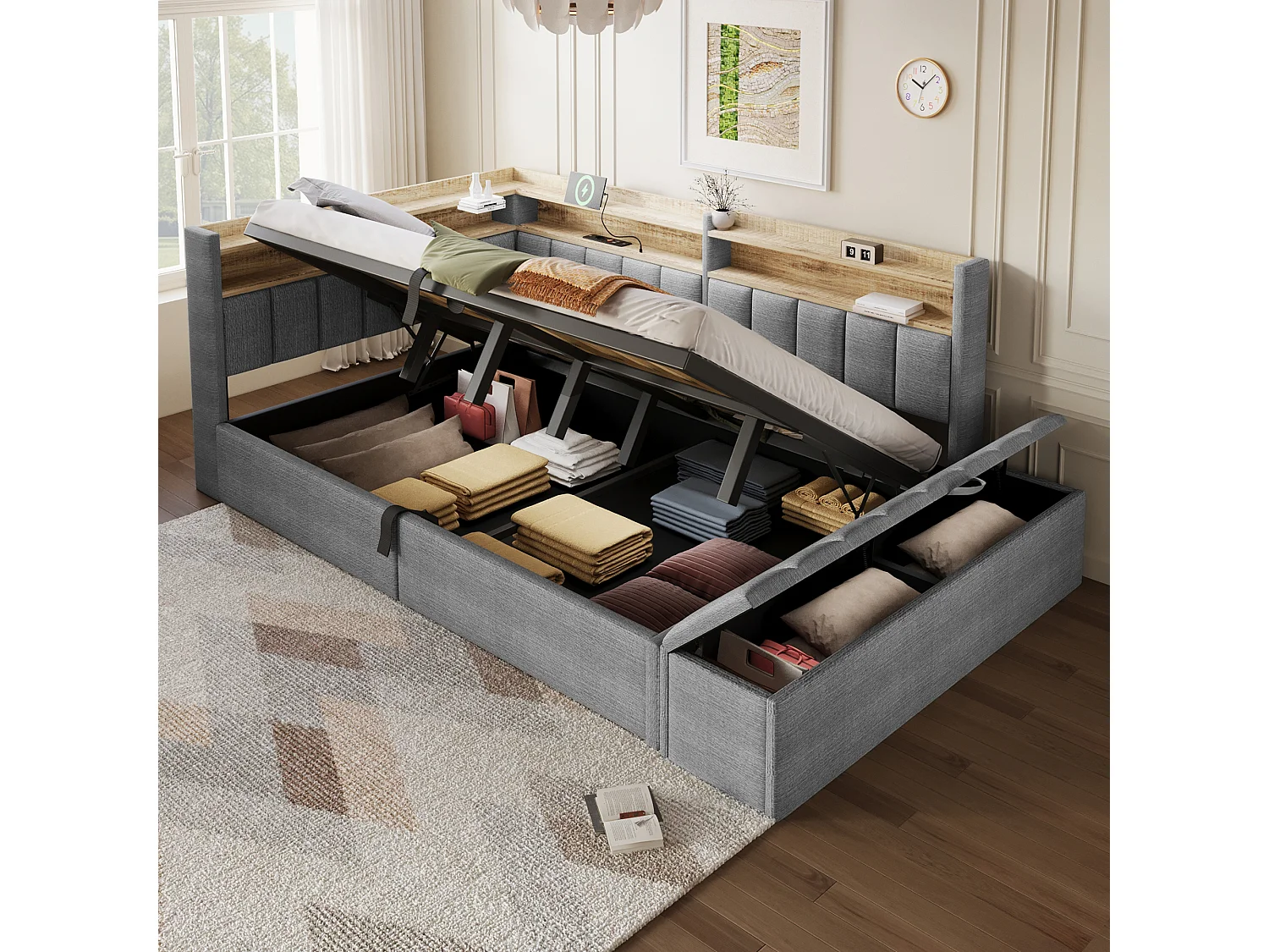 Sovesofa med opbevaringsrum 140 x 200 cm - med stikkontakt - med USB-port + LED-lysbånd - grå (madras ikke inkluderet)
