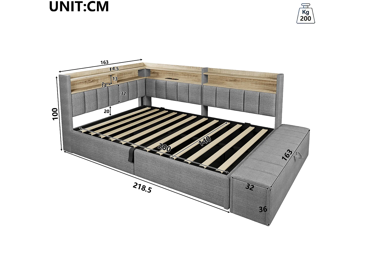 Sovesofa med opbevaringsrum 140 x 200 cm - med stikkontakt - med USB-port + LED-lysbånd - grå (madras ikke inkluderet)