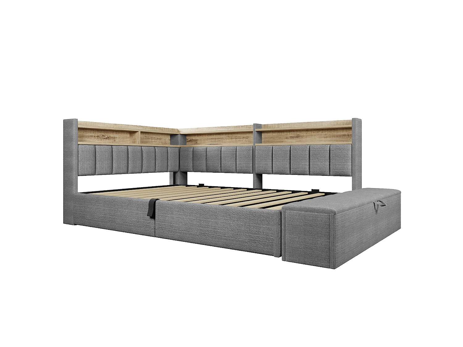 Sovesofa med opbevaringsrum 140 x 200 cm - med stikkontakt - med USB-port + LED-lysbånd - grå (madras ikke inkluderet)