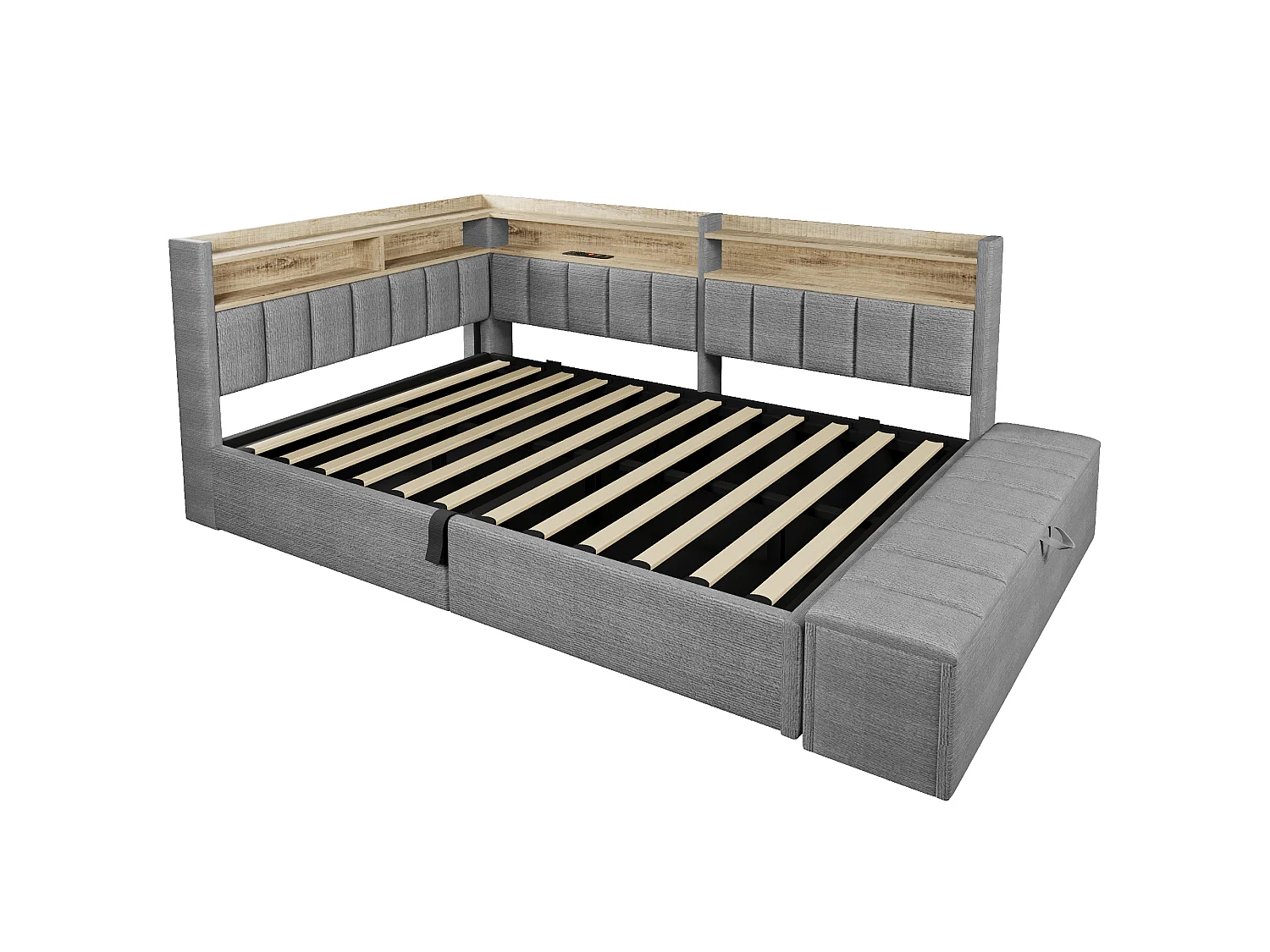 Sovesofa med opbevaringsrum 140 x 200 cm - med stikkontakt - med USB-port + LED-lysbånd - grå (madras ikke inkluderet)
