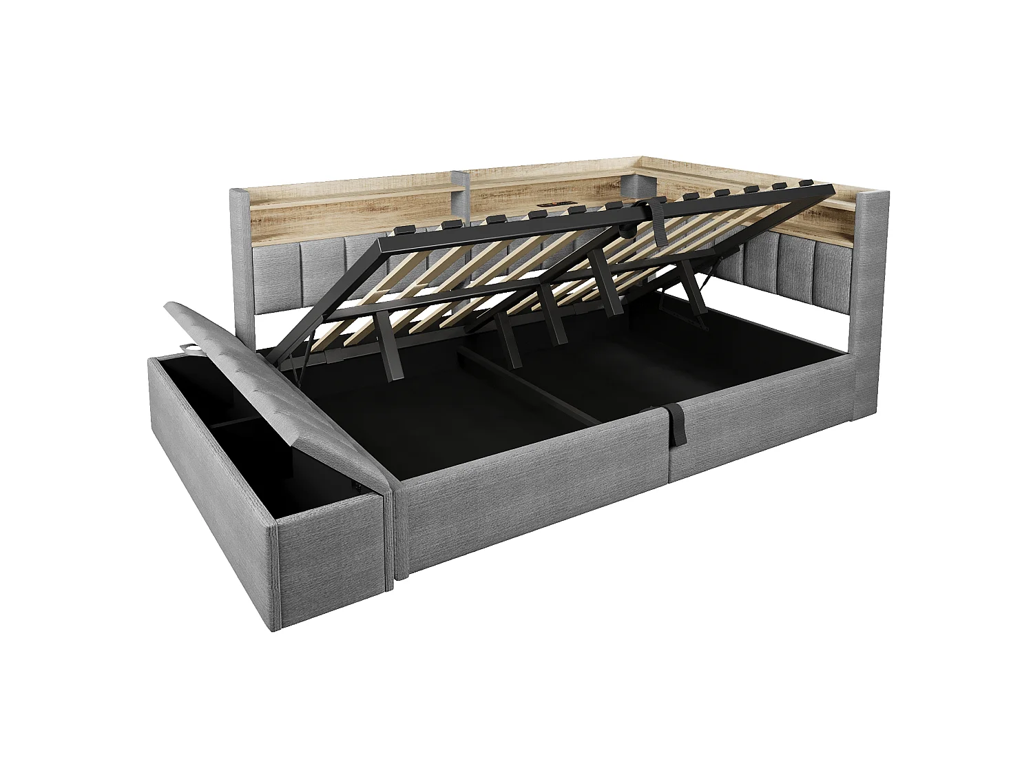 Sovesofa med opbevaringsrum 140 x 200 cm - med stikkontakt - med USB-port + LED-lysbånd - grå (madras ikke inkluderet)