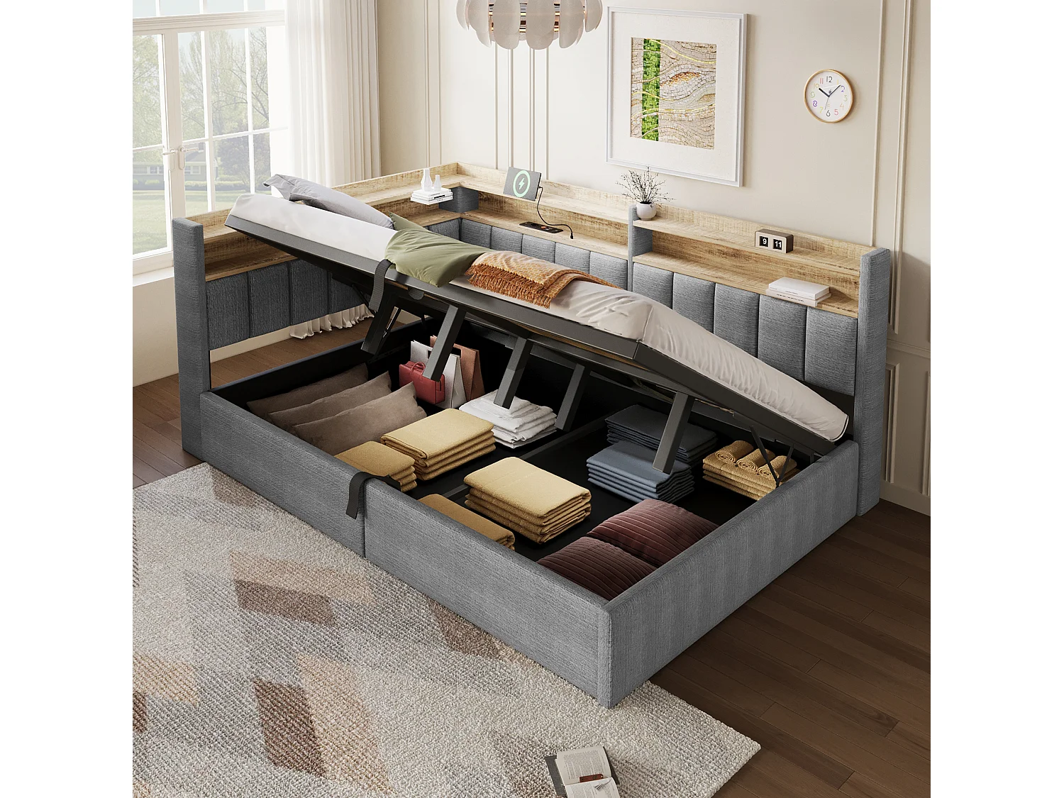 Sovesofa med opbevaringsrum 140 x 200 cm – med LED-belysning og USB-port – Velour – Grå (madras ikke inkluderet)