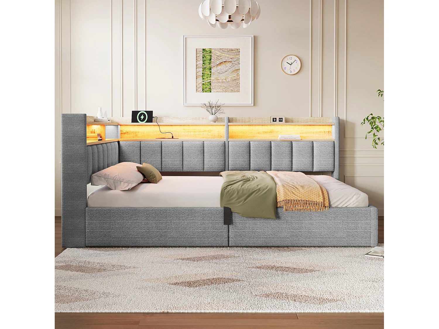 Sovesofa med opbevaringsrum 140 x 200 cm – med LED-belysning og USB-port – Velour – Grå (madras ikke inkluderet)