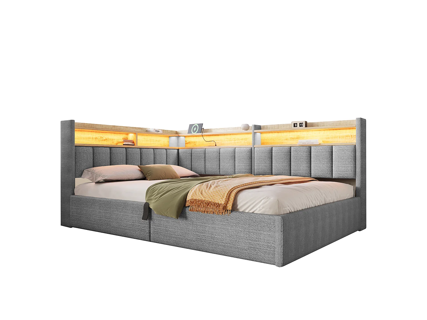 Sovesofa med opbevaringsrum 140 x 200 cm – med LED-belysning og USB-port – Velour – Grå (madras ikke inkluderet)