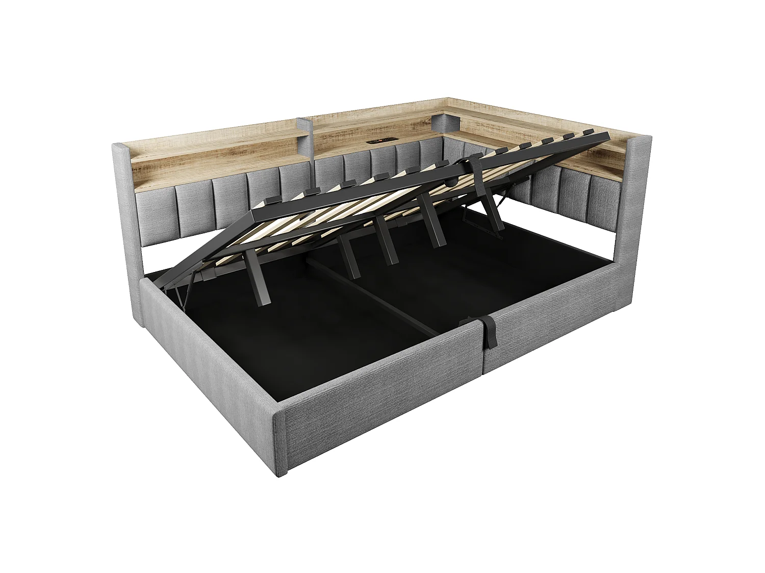 Sovesofa med opbevaringsrum 140 x 200 cm – med LED-belysning og USB-port – Velour – Grå (madras ikke inkluderet)