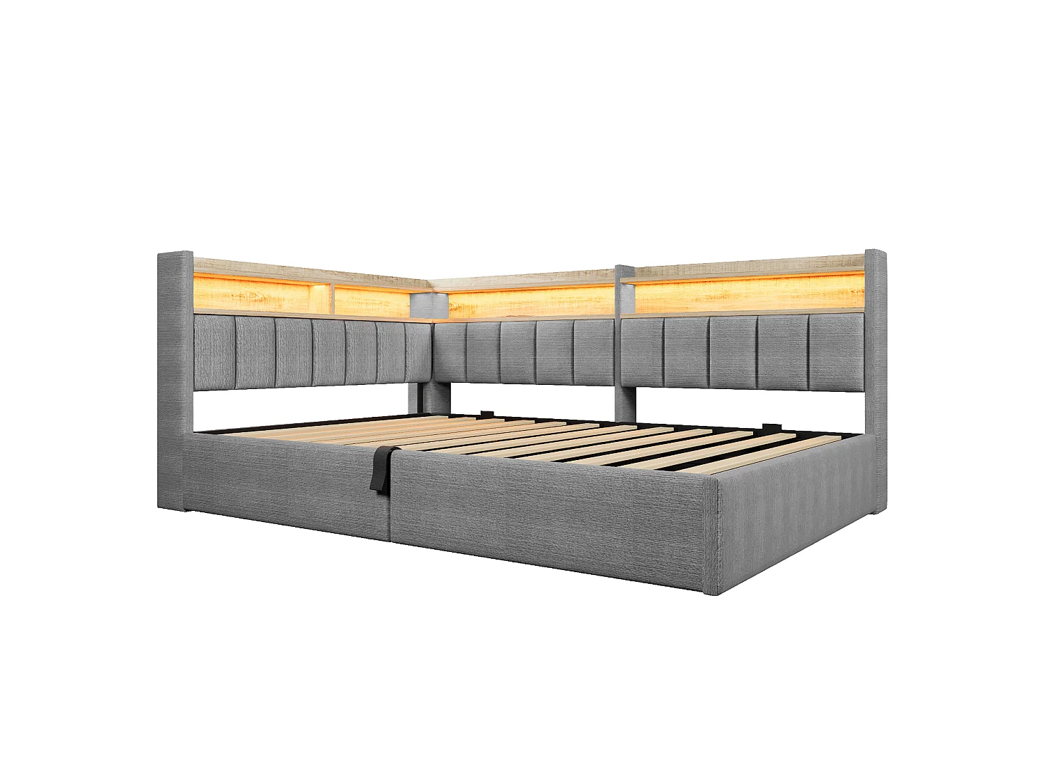 Sovesofa med opbevaringsrum 140 x 200 cm – med LED-belysning og USB-port – Velour – Grå (madras ikke inkluderet)