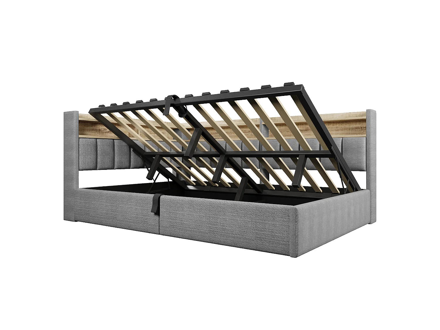 Sovesofa med opbevaringsrum 140 x 200 cm – med LED-belysning og USB-port – Velour – Grå (madras ikke inkluderet)