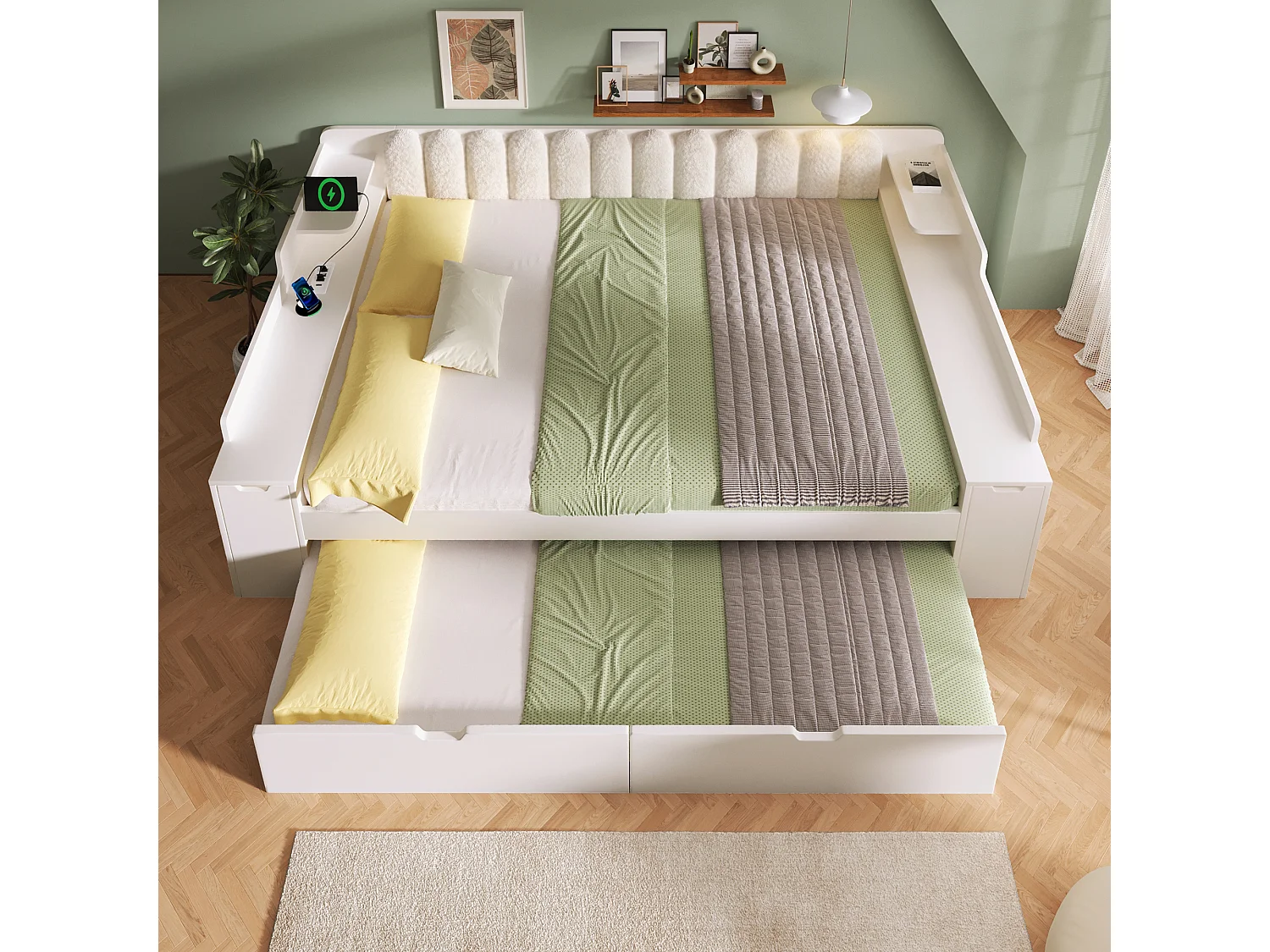 Canapé-lit 140x190cm - avec lit gigogne - avec USB/Type-C - compartiment de rangement - dossier polaire sherpa - blanc (matelas non inclus)