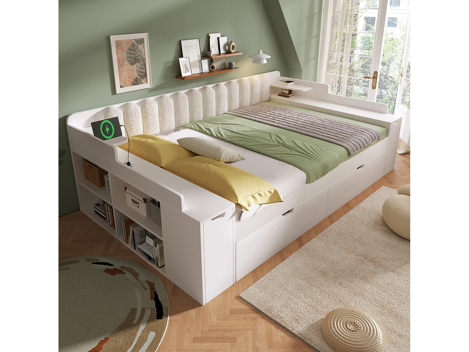 Canapé-lit 140x190cm - avec lit gigogne - avec USB/Type-C - compartiment de rangement - dossier polaire sherpa - blanc (matelas non inclus)