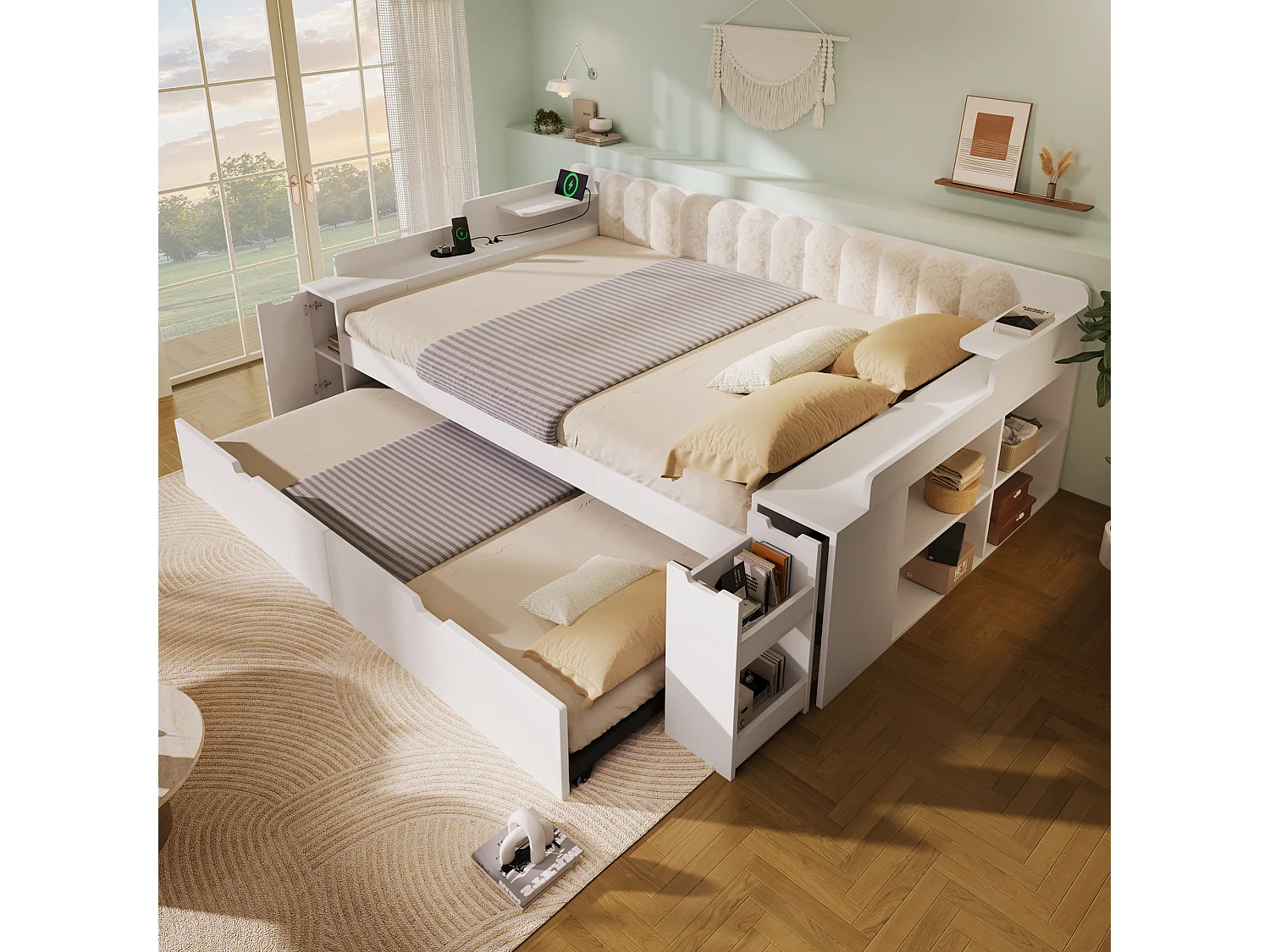 Canapé-lit 140x190cm - avec lit gigogne - avec USB/Type-C - compartiment de rangement - dossier polaire sherpa - blanc (matelas non inclus)