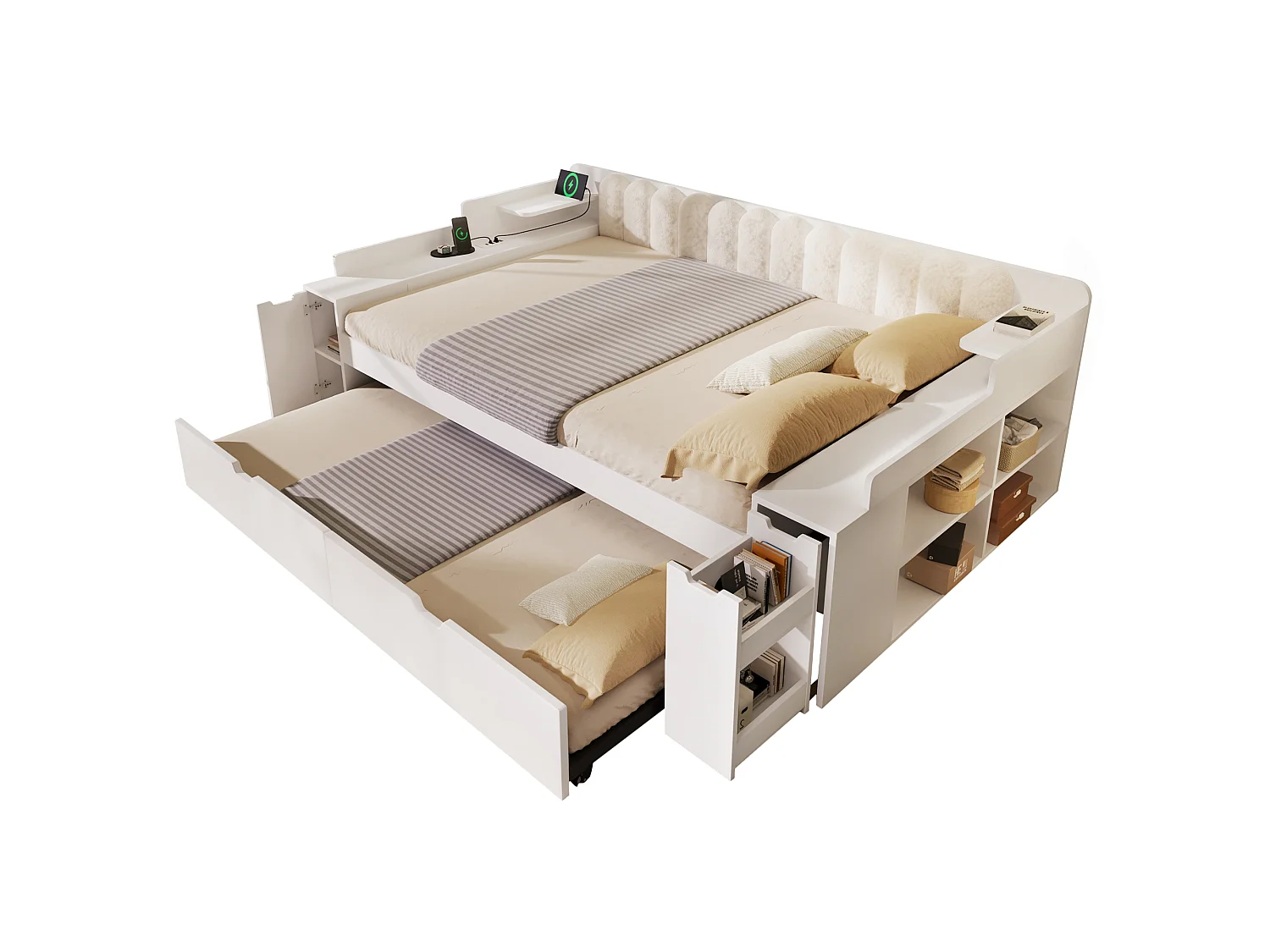 Canapé-lit 140x190cm - avec lit gigogne - avec USB/Type-C - compartiment de rangement - dossier polaire sherpa - blanc (matelas non inclus)