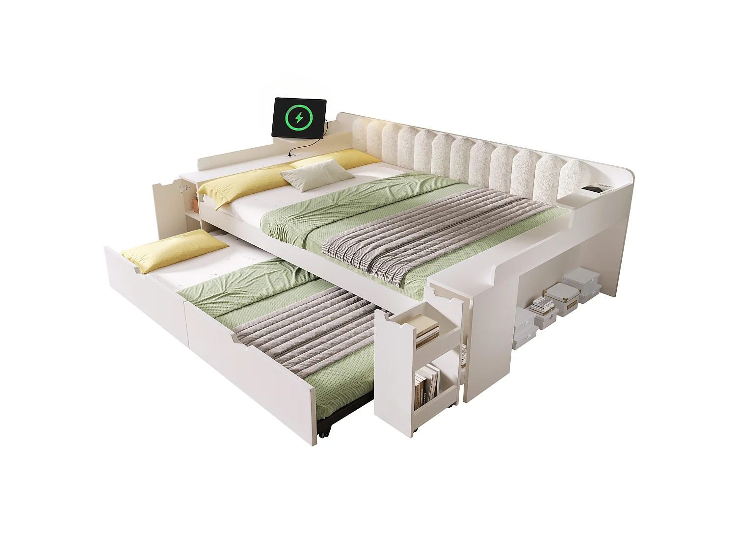 Canapé-lit 140x190cm - avec lit gigogne - avec USB/Type-C - compartiment de rangement - dossier polaire sherpa - blanc (matelas non inclus)