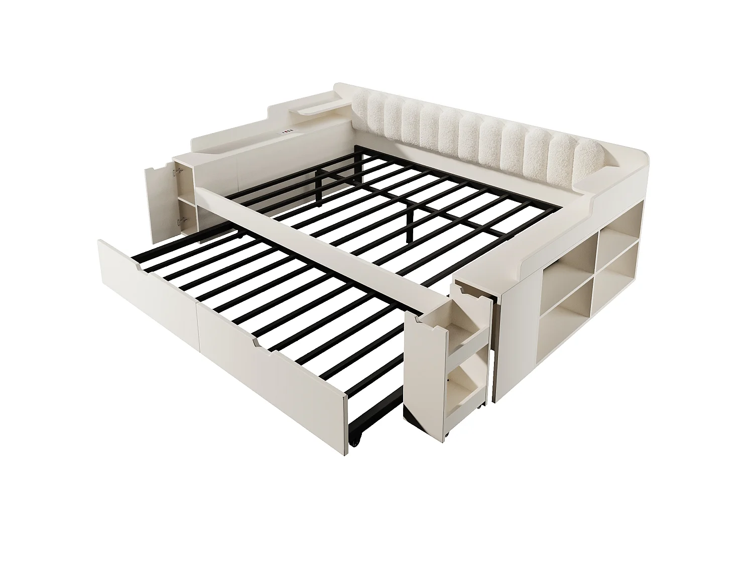 Canapé-lit 140x190cm - avec lit gigogne - avec USB/Type-C - compartiment de rangement - dossier polaire sherpa - blanc (matelas non inclus)