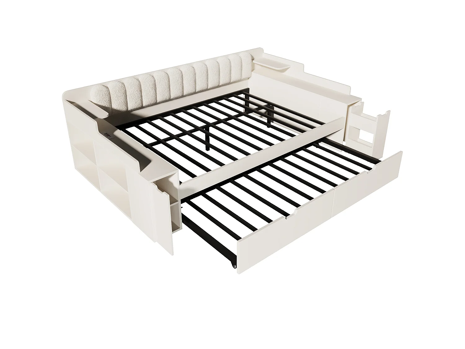 Canapé-lit 140x190cm - avec lit gigogne - avec USB/Type-C - compartiment de rangement - dossier polaire sherpa - blanc (matelas non inclus)