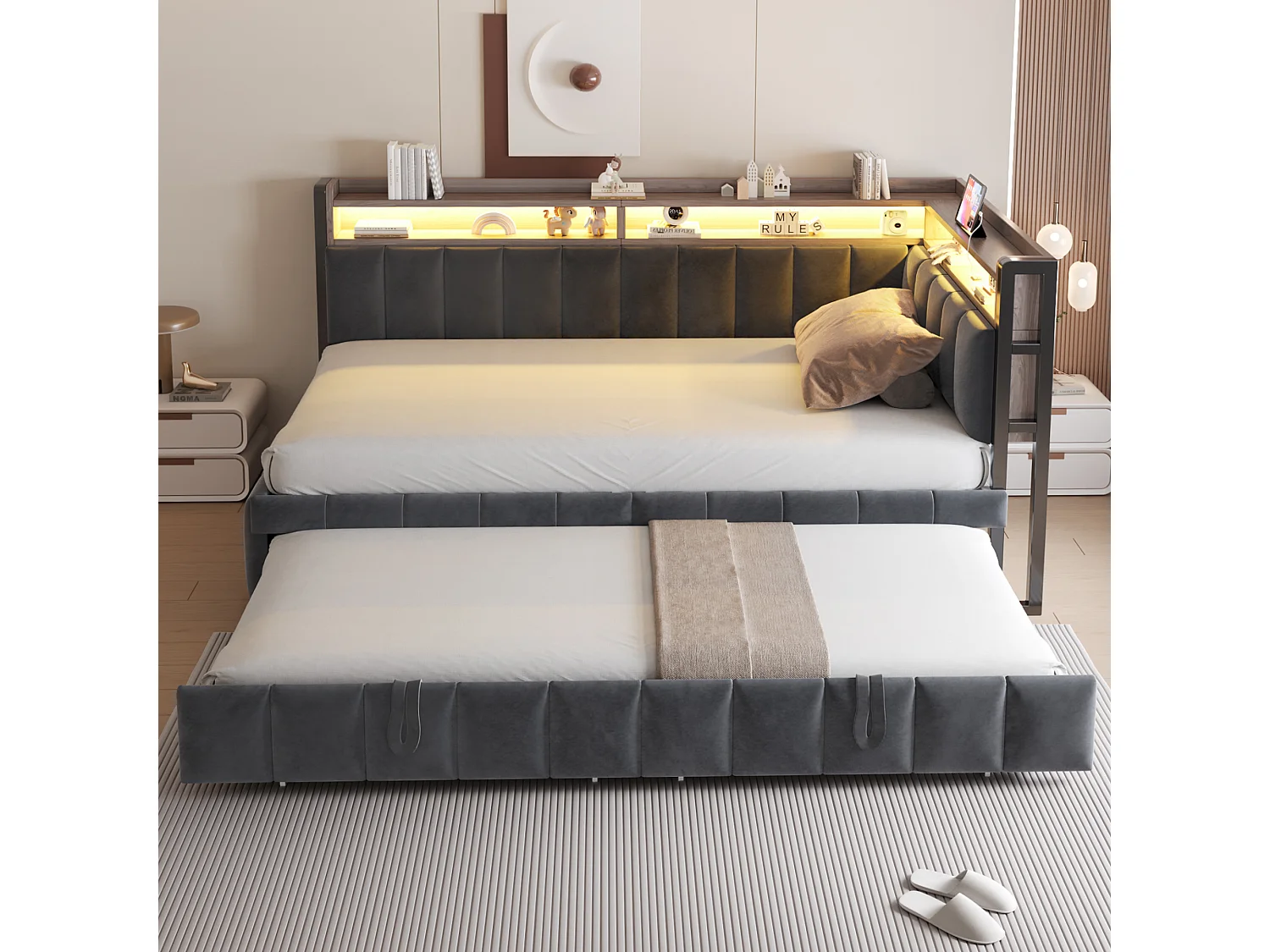 Canapé-lit 90 x 200 cm – Avec lit gigogne – Avec éclairage LED – Avec ports USB et Type-C – Gris foncé (matelas non inclus)