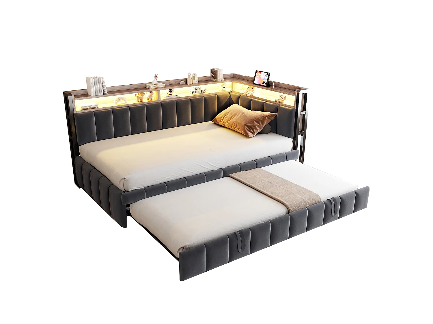 Canapé-lit 90 x 200 cm – Avec lit gigogne – Avec éclairage LED – Avec ports USB et Type-C – Gris foncé (matelas non inclus)